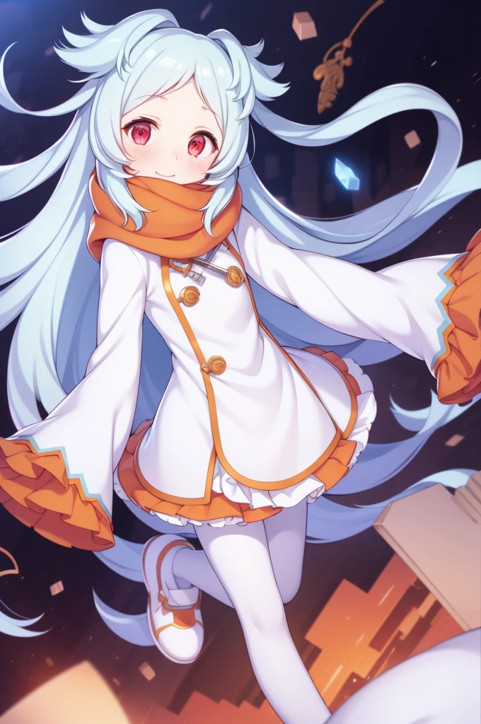 Light blue hair, very long hair, red eyes, very thin body, short stature, , white clothes with sleeves long enough to cover her hands, orange skirt, light orange muffler, black leggings, cute, high quality