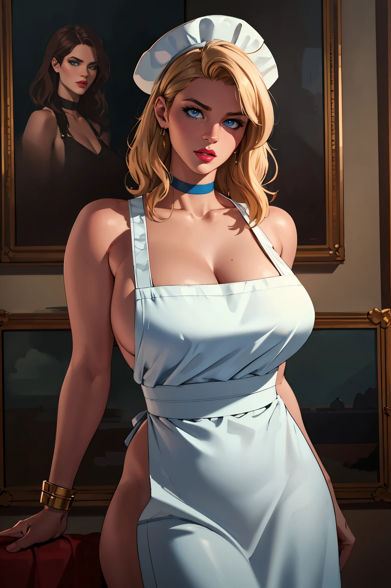 (best quality,highres),(realistic:1.37),(portrait),(studio lighting), ,solo mature woman,curvy, giant breasts, giant ass,straight strawberry blonde hair, dusty blue eyes,full lips, seductive, choker, painter's apron,painter's hat