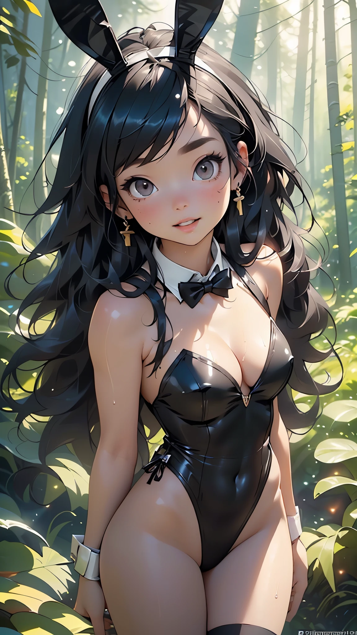 cute bunny girl,(((1girl))),((bunny girl with extremely cute and beautiful dark hair)),(((bunny girl:1.5,anthro furry cute,bunny-girl))),(((bunny black ears:1.5,bunny black ears on head:1.5,big bunny black ears))),
(huge chest:1.4),(((black hair,very long hair:1.5,ponytail))),((golden_eyes)),intricate eyes,beautiful detailed eyes,symmetrical eyes,slanted eyes,((fat)),(((dark skin, dark-skinned female,very dark skin,lustrous skin:1.5,skin tanned,shiny skin,very shiny skin,shiny body,plastic glitter skin,exaggerated shiny skin))),(spider lower abdomen,narrow waist,wide hip,athletic body,inflated legs, thick thighs,detailed body,(detailed face)),
cute,slutty,seductive,erotic,(nsfw),
(black bowtie),((black playboy bunny,playboy bunny, shiny black leotard,black leotard,bare shoulders,cleavage, traditional bowtie, covered navel,detached collar,cleavage,highleg leotard)),
((black pantyhose,thighs, thighband pantyhose)),clothes reflecting light,
(dynamic pose:1.0),solo focus,happy, cheerful, cute, tareme,(centered,scale to fit dimensions,Rule of thirds),
((pine forest)),scenery:1.25,((intricate scenery)),((forest background)),
(Glossy pastel ornaments),highres,sharp focus,(ultra detailed,extremely detailed),(photorealistic artwork:1.37),(extremely detailed CG unity 8k wallpaper),(((vibrant colors,vibrant theme))),(intricate),(masterpiece),(best quality),artistic photography,(photography taken by sldr),(intricate background),perfect rendered face,perfect face details,realistic face,photo realistic,((intricate detail)),(((realism))),