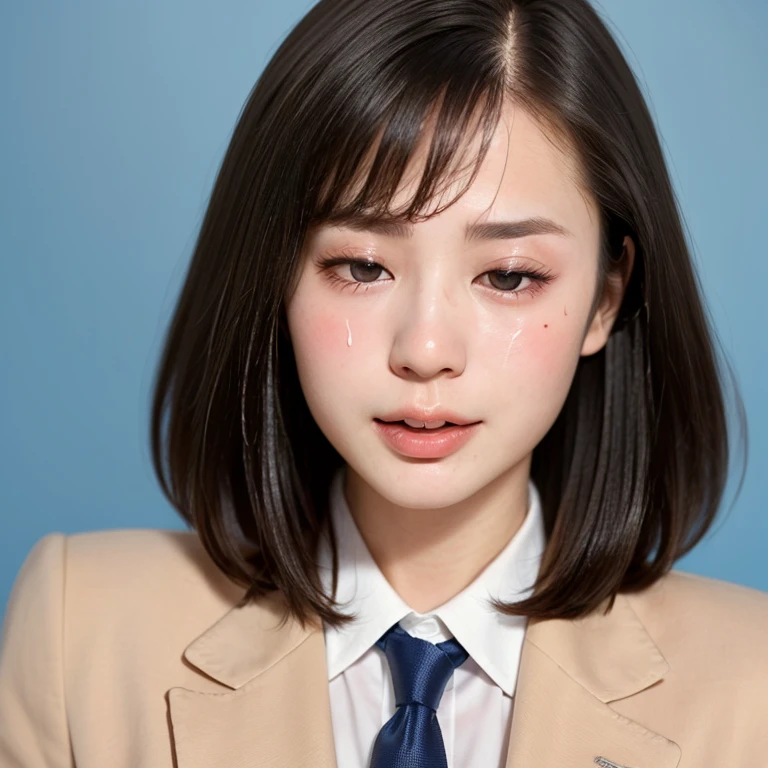 NSFW, (kawaii 24 year-old Japanese girl, Nogizaka idol, Korean idol), (glossy hair, very short hair, bangs:1.3), (beautiful black eyes, rounded face, single eyelid, no makeup:1.4), (embarrassed, noseblush, sex silly, orgasm, empty eyes, half opened mouth:1.5), (cum to face, semen on the face, bukkake:1.5), (wearing suit jacket, collared shirt, necktie:1.3), (extra small breasts:0.9), BREAK, (simple blue background:1.3), (view from forward, bust shot:1.3), BREAK, (masterpiece, best quality, photo realistic, official art:1.4), (UHD, 8K quality wallpaper, high resolution, raw photo, golden ratio:1.3), (shiny skin), professional lighting, physically based rendering, award winning, (highly detailed skin, extremely detailed face and eyes), Carl Zeiss 85 mm F/1.4, depth of field, 1girl, solo,