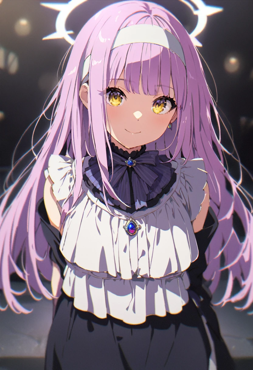 (masterpiece、highest quality、Highest quality、Super detailed description、Bust Top:1.2)、Anime Style、Super Flat Style、Cinematic Lighting、Depth of subject、Blur、pale、Model standing pose、Maria's smile、Girl 1、Pink Long Hair、Straight Bangs、Yellow Eyes、BREAK ((A simple white headband))、BREAK Black and white long fit&Flared Dress、Black striped tights and long boots、ripple、Angel Halo、Blue Gem、cross、Disorganized、(Closed:1.3)