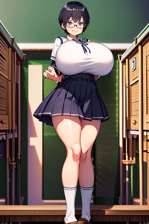 Anime taste、8K、Masterpiece、Highest quality、highest quality、High resolution、Very delicate、Very vivid、Whitening、Idol face、Model Body Type、smile、Black Hair、Short Hair、Glasses、(((school uniform:1.7)))、(((Short stature:1.5)))、(((Large and enlarged huge breasts:1.25)))、Slim waist、Slim Body、Slim butt