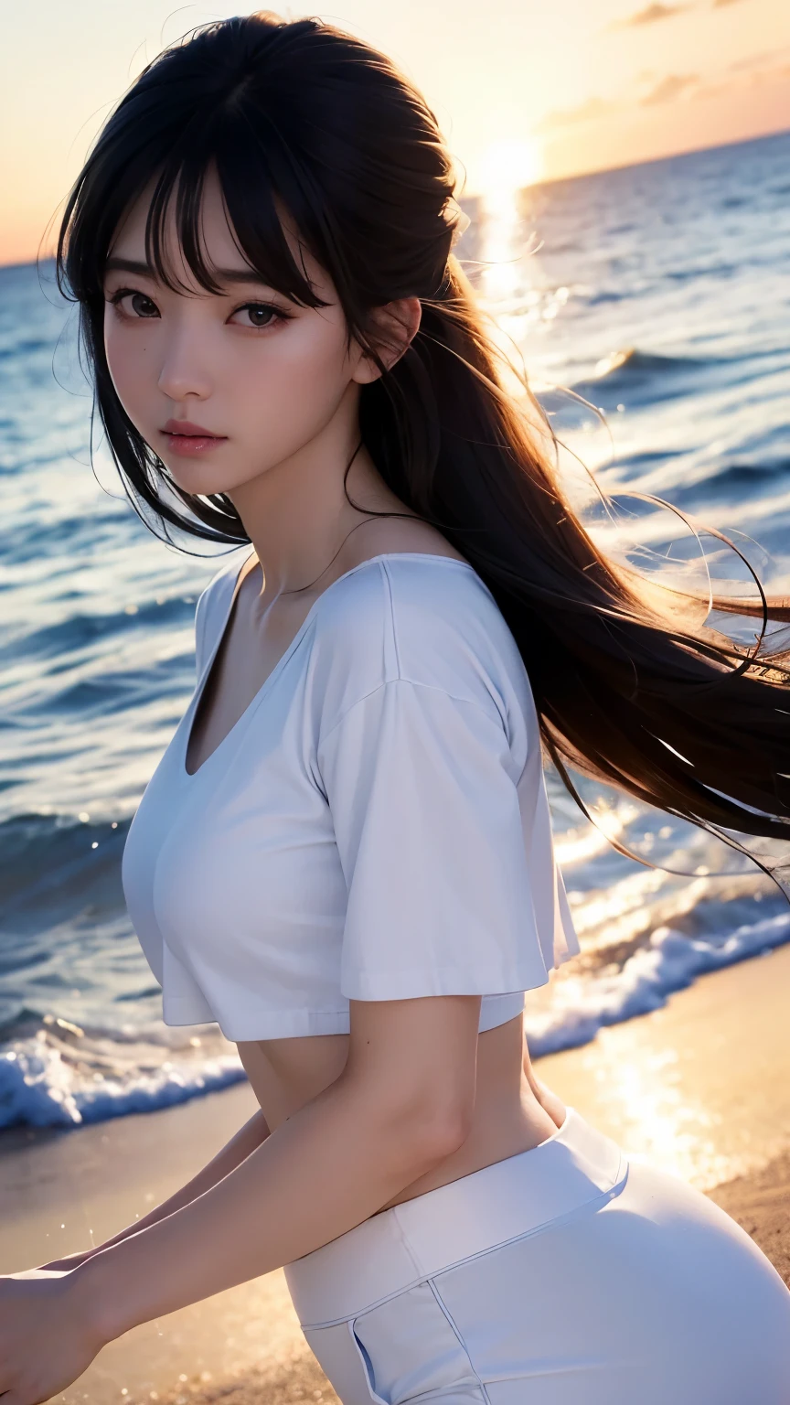 (logo、masterpiece、8k、Tabletop、RAW Photos、wonderful、最high quality、Photorealistic and Very detailed CG integrated 8k wallpaper、high quality、Very detailed、Narrative poem、Particle Effects、Dynamic Effects、Written boundary depth、Cinematic Light、Lens flare、Ray Tracing)、Fantasy、 (One beautiful woman、White pants、White T-shirt、White tube top、White crop top、Black-haired、Beautiful Face、True Face、Beautiful details、eye、Beautiful Skin、Ultimate Body、glamorous)、私の髪はWindに舞う、Hair flutters in Wind、Hair bounces、Seaside、wonderful景色、Coastal、sunrise、Sun in the background、Wind、Beach