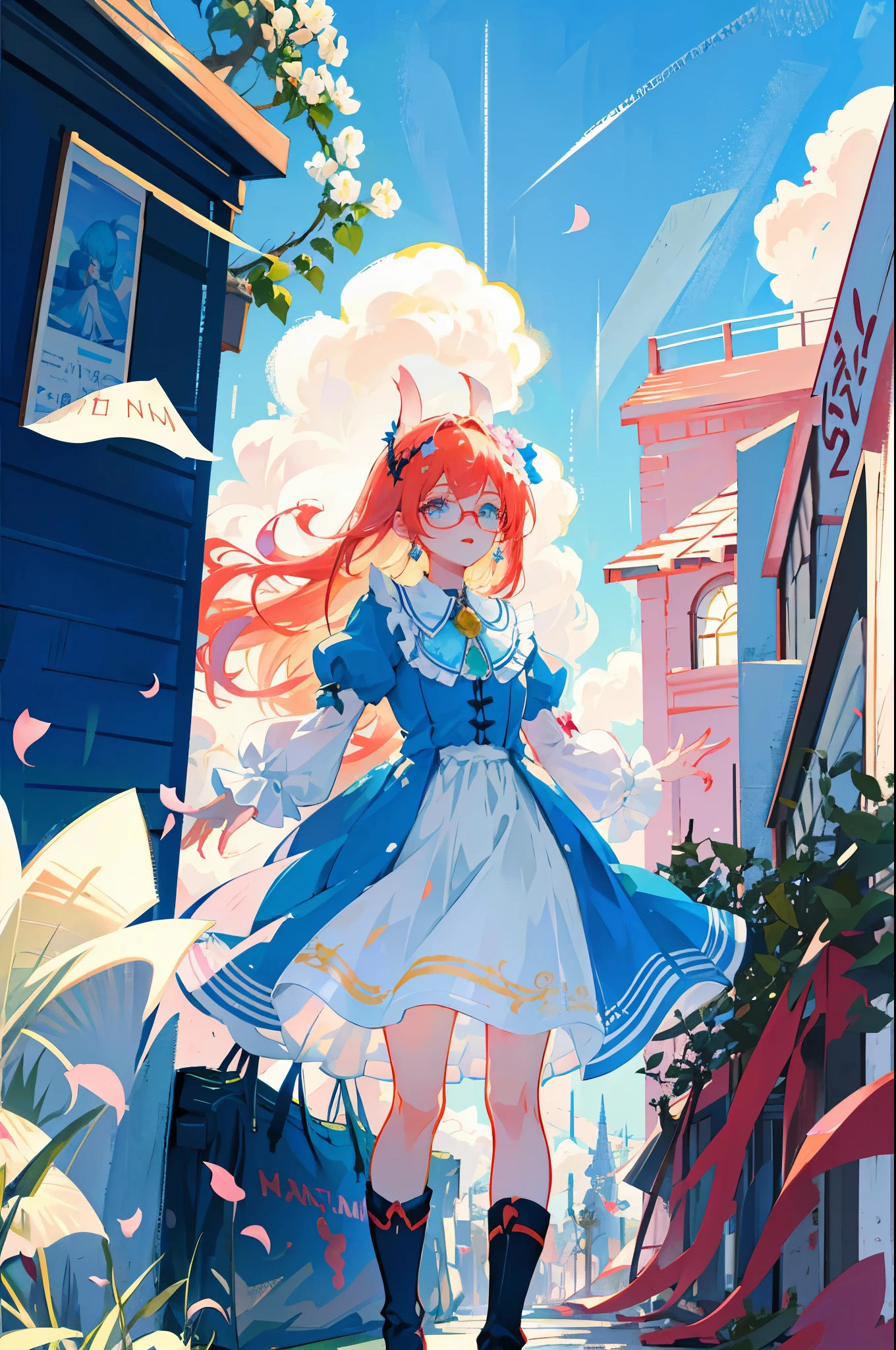 Enchanting Anime Art, Optimum Quality, Meticulous Detail, Stunning Resolution, Final Fantasy Character, Pale Cherubic Complexion, Freckled Perfection, Expressive Rabbit Ears, Delicate Glasses tinted Red, Adorable Clothes accessorized with a Collar, Symmetrical Beauty, Full Body Portrayal, Perfect Pout, Anime Cute Art Style, Chubby yet Affectionate Boy, Anime Proportions, Basking Under the Dappled Sunlight of a Lively Urban Setting, Sky of Soft Blue, Eyes as Brilliant Jewels, Lips perfect as a Rose-Tinted Blossom.