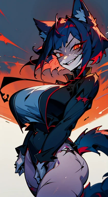 1girl, short_rebellious_hairblue_hair, hair tips to the side, scary_eyes, short_hair, Mouth_open_teeth_sharp_fangs, Evil smile_sharp_wild teeth, black_iris, scarlet_red_pupil, black, sclera, soulless_black_eyes, looking_at_vi ewer, holding, shirt, pant, animal_ears, blue_ ears, wolf_woman, blue_tail, body_perfect, Milf_body, female_body_muscular, big_breasts, scar_on_thighs, scar_on_the abdomen,vampire slayer_outfit