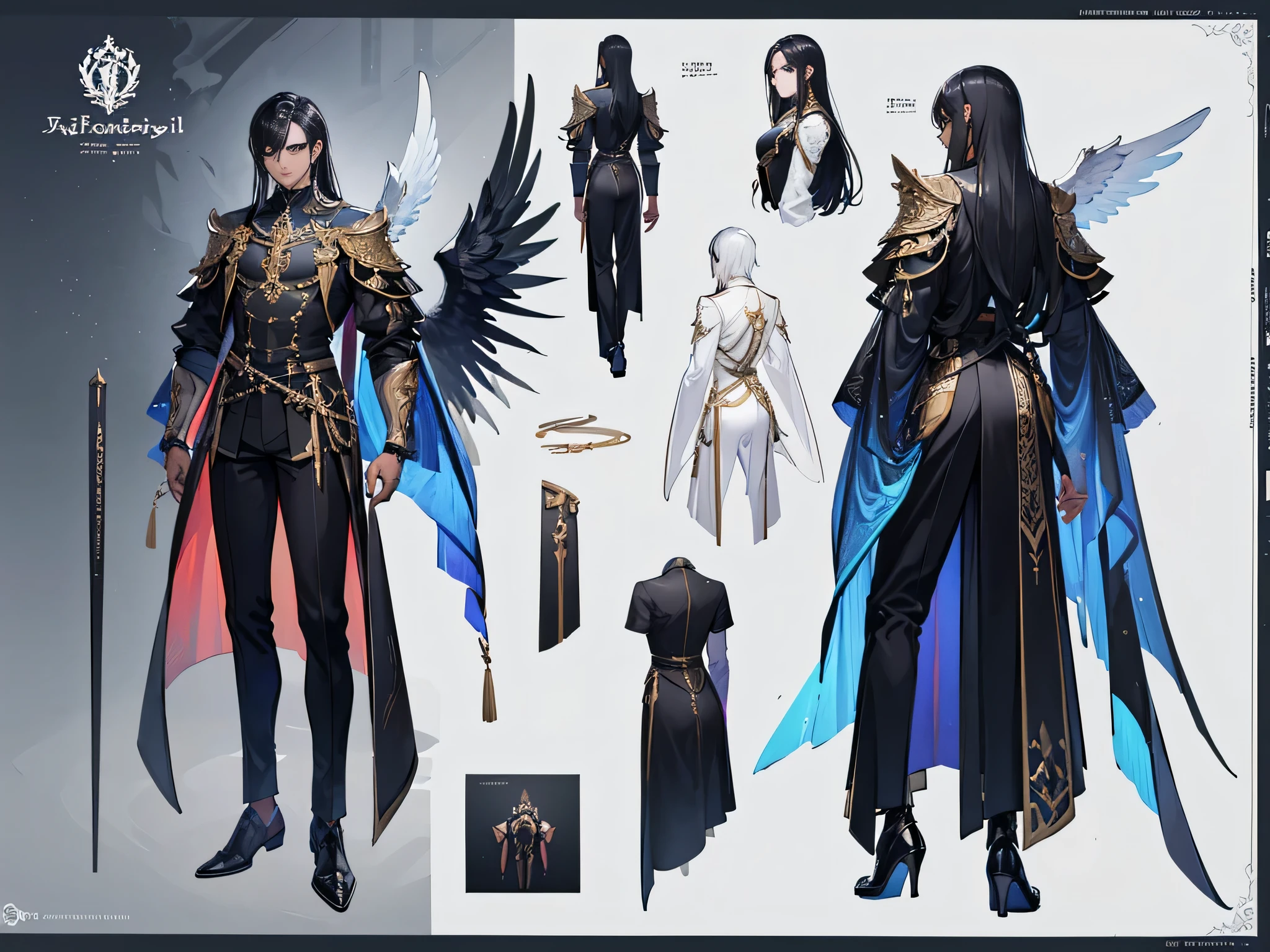 ((Masterpiece, Highest quality)), Male, boy, Detailed face, character design sheet, full bodyesbian, Full of details, frontal body view, back body view, Highly detailed, Depth, Many parts, dark skin, angel wings, black hair, angel outfit, Muscle boy with black long hair,handsome man, male angel , man tall