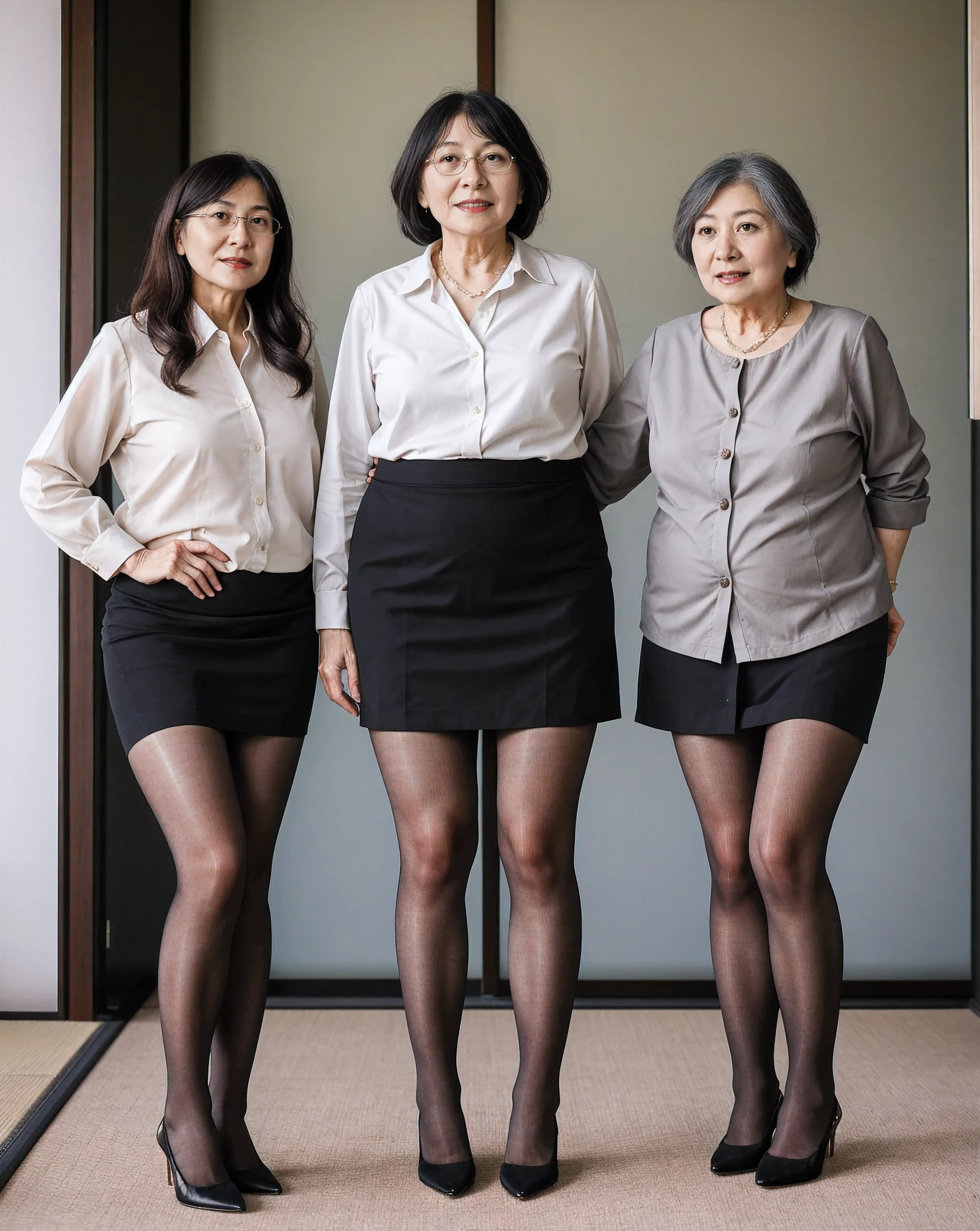 4 Japanese women, Mature, elderly, older, Asian, wearing , nerdy, Stunning proportions, grey sheer tights, best quality, nerdy old black office lady wearing an a white blouse and short black skirt, grandma with fat legs, full body, high heels, legs towering over you, standing