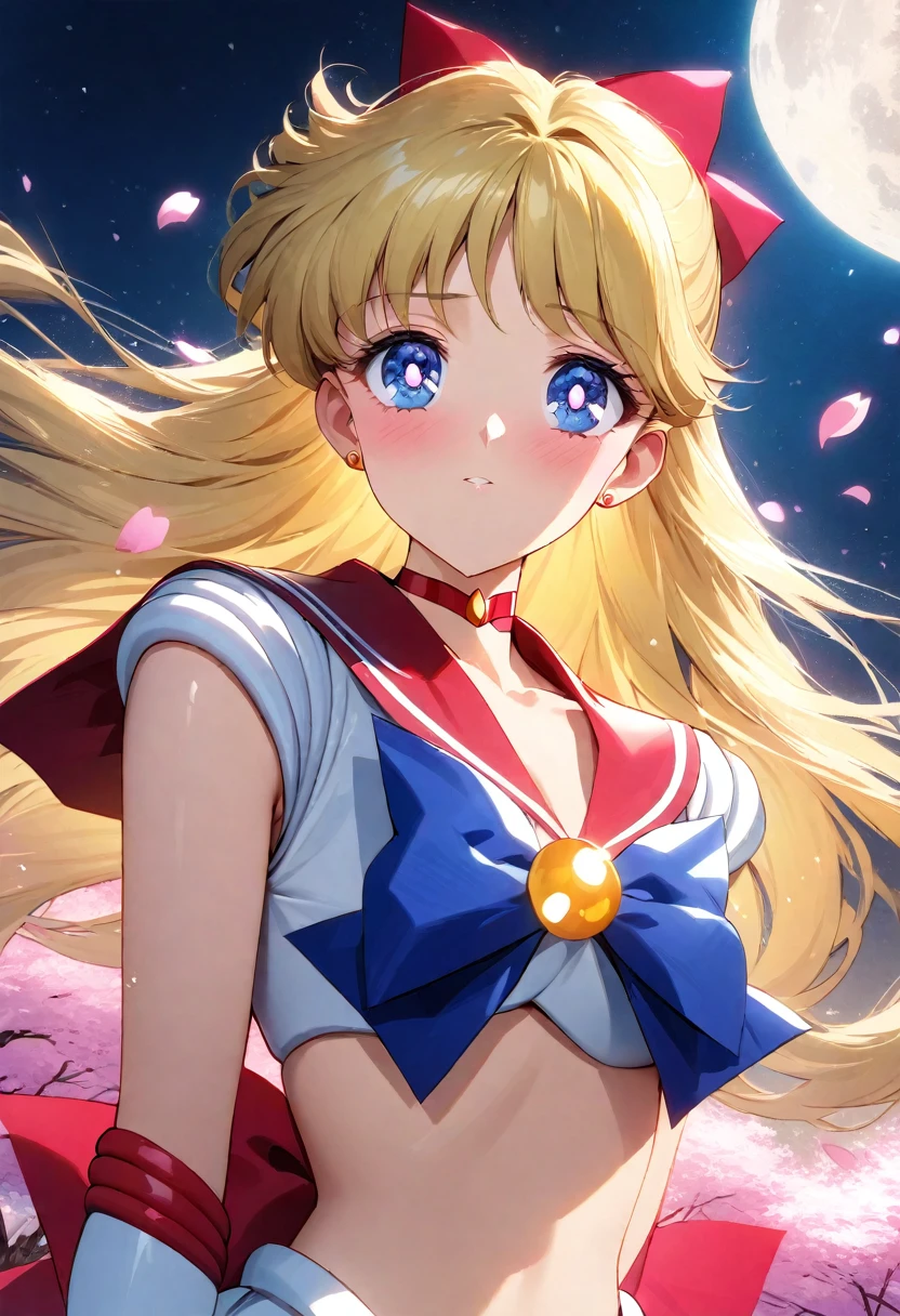 absurdres, highres, ultra detailed, HDR, master piece, best quality, extremely detailed face and eyes, Sailor Venus, blonde hair, expressive blue eyes, solo, woman, beautiful, cherry blossom, pink flowers, pink petals, moon, pink fireflies