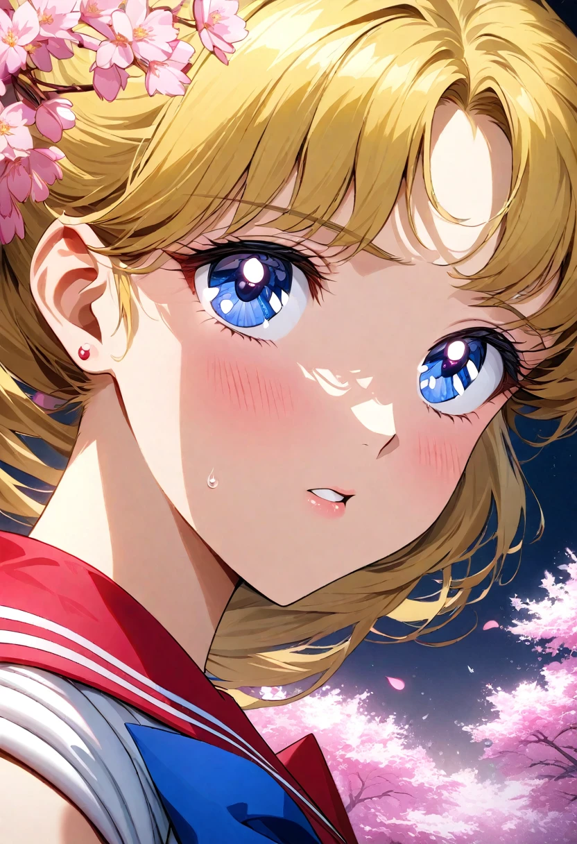 absurdres, highres, ultra detailed, HDR, master piece, best quality, extremely detailed face and eyes, Sailor Venus, blonde hair, expressive blue eyes, solo, woman, beautiful, cherry blossom, pink flowers, pink petals, moon, pink fireflies