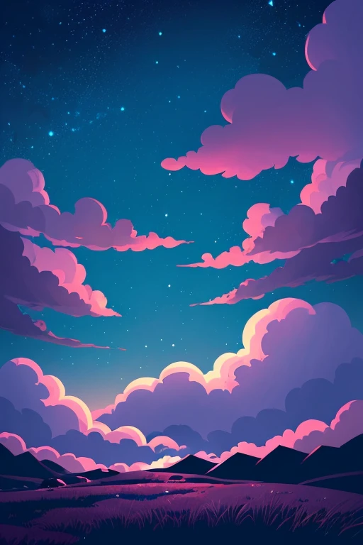 Anime background style,　Nobody is here,　midnight,　Faint moonlight,　A beautiful sky with faint clouds, stars and moonlight,　On a rolling hill,　Calming,　　Faint and complex colors,