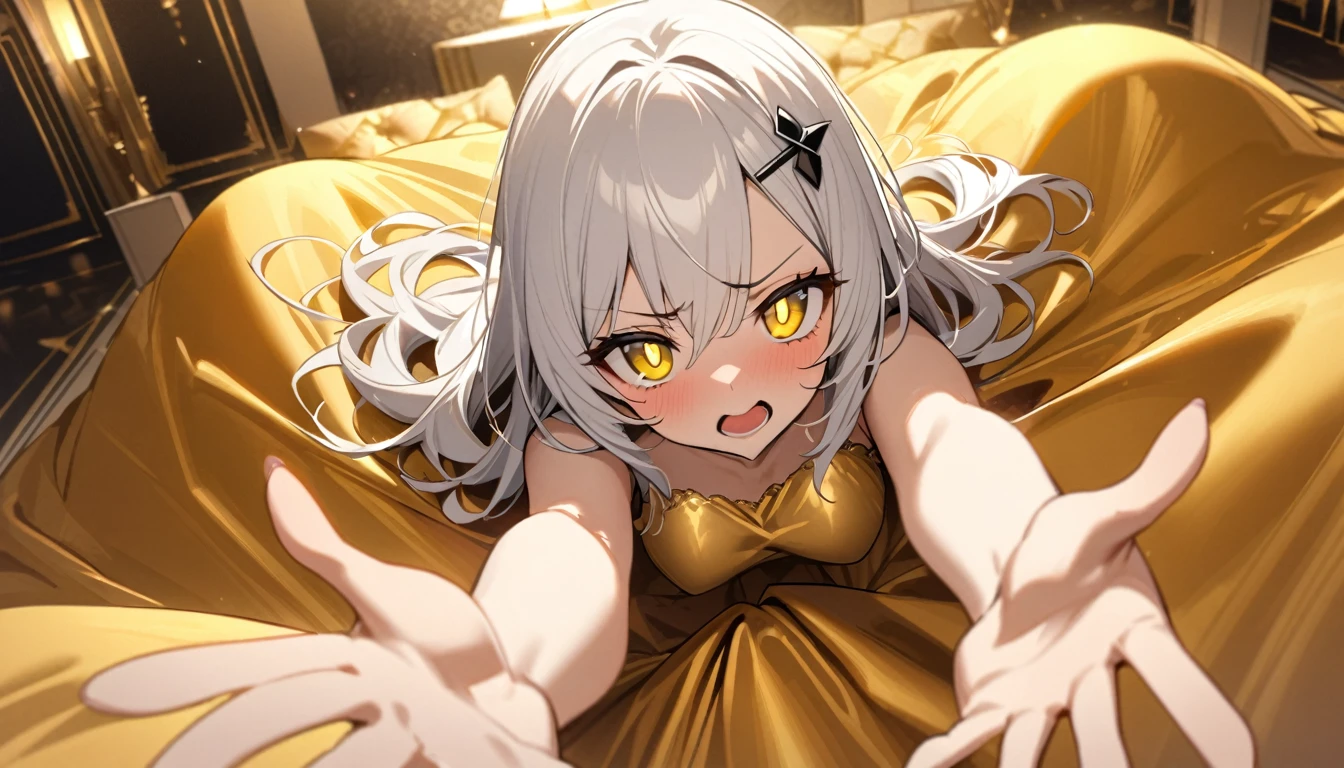 A woman, flowing white hair, melancholy eyes, yellow pupils, black diamond-shaped hairpin, Tiny feathers are dancing, pleasure, angry, arm support, arms up, incoming hug, pov, reaching, reaching towards viewer, looking at viewer, She is lying on a super huge golden silk soft duvet, Luxurious room,