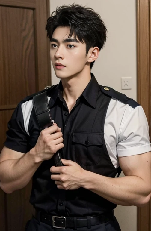 1 young handsome guy，20-22 years old，police officers，Interpol，Police Department，Handsome，musculous，hairy bodies，police uniforms（Fine eye 1：3），Black eyes，full bodyesbian, muscles, Inspired by Bian Shoumin, Inspired by Xiao Yuncong, yihao ren, yanjun cheng, jinyiwei, inspired by Huang Gongwang, xintong chen,