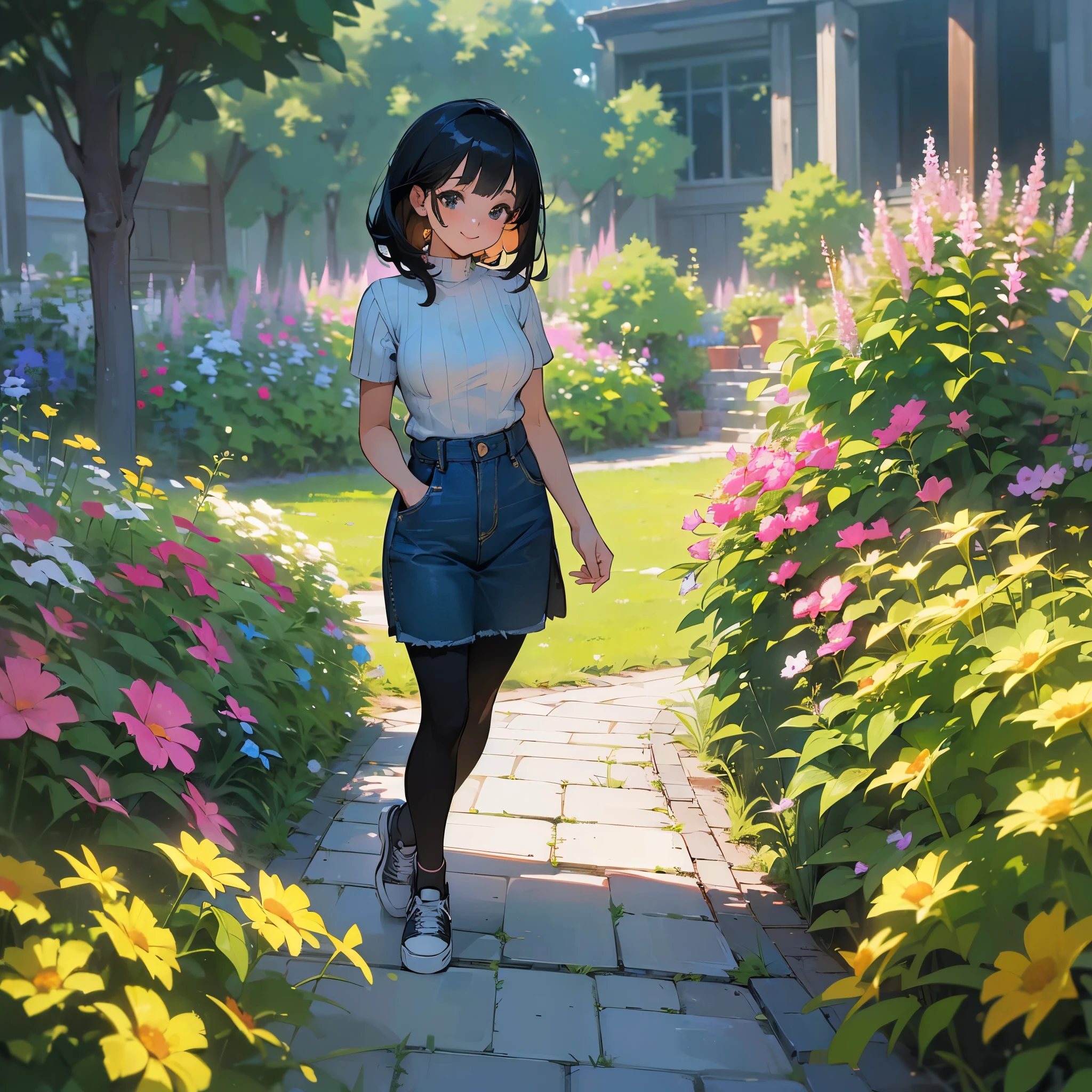 (high quality, High resolution, Very detailed, reality:1.37), Peaceful atmosphere, (Outdoor, garden),  girl standing alone, (my breasts are big.), Beautiful details, Cute Smile, (Black bob hair), Short sleeve ribbed sweater, Denim skirt, Black tights, sneakers.