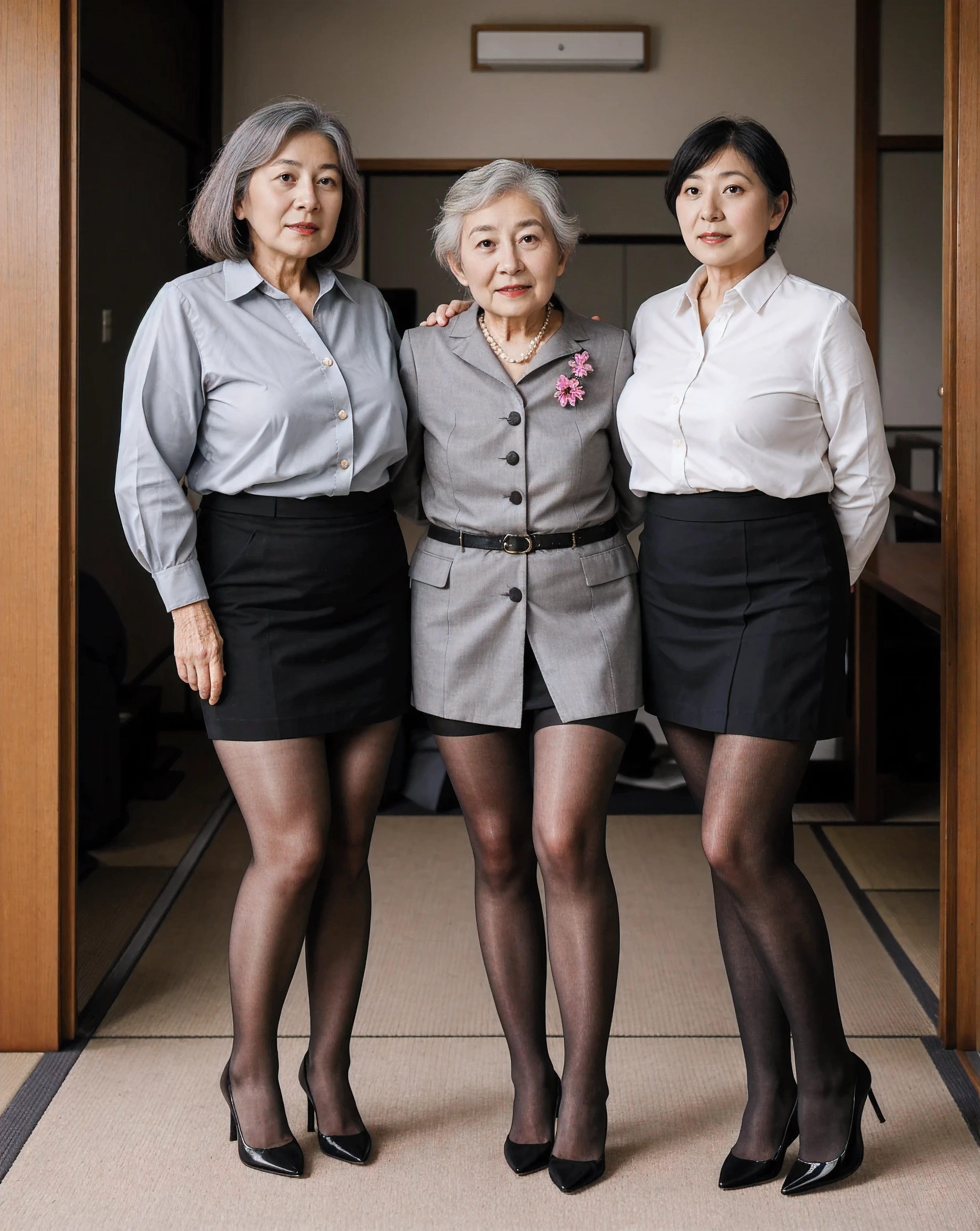 4 Japanese women, Mature, elderly, older, Asian, wearing , nerdy, Stunning proportions, grey sheer tights, best quality, nerdy old black office lady wearing an a white blouse and short black skirt, grandma with fat legs, full body, high heels, legs towering over you, standing