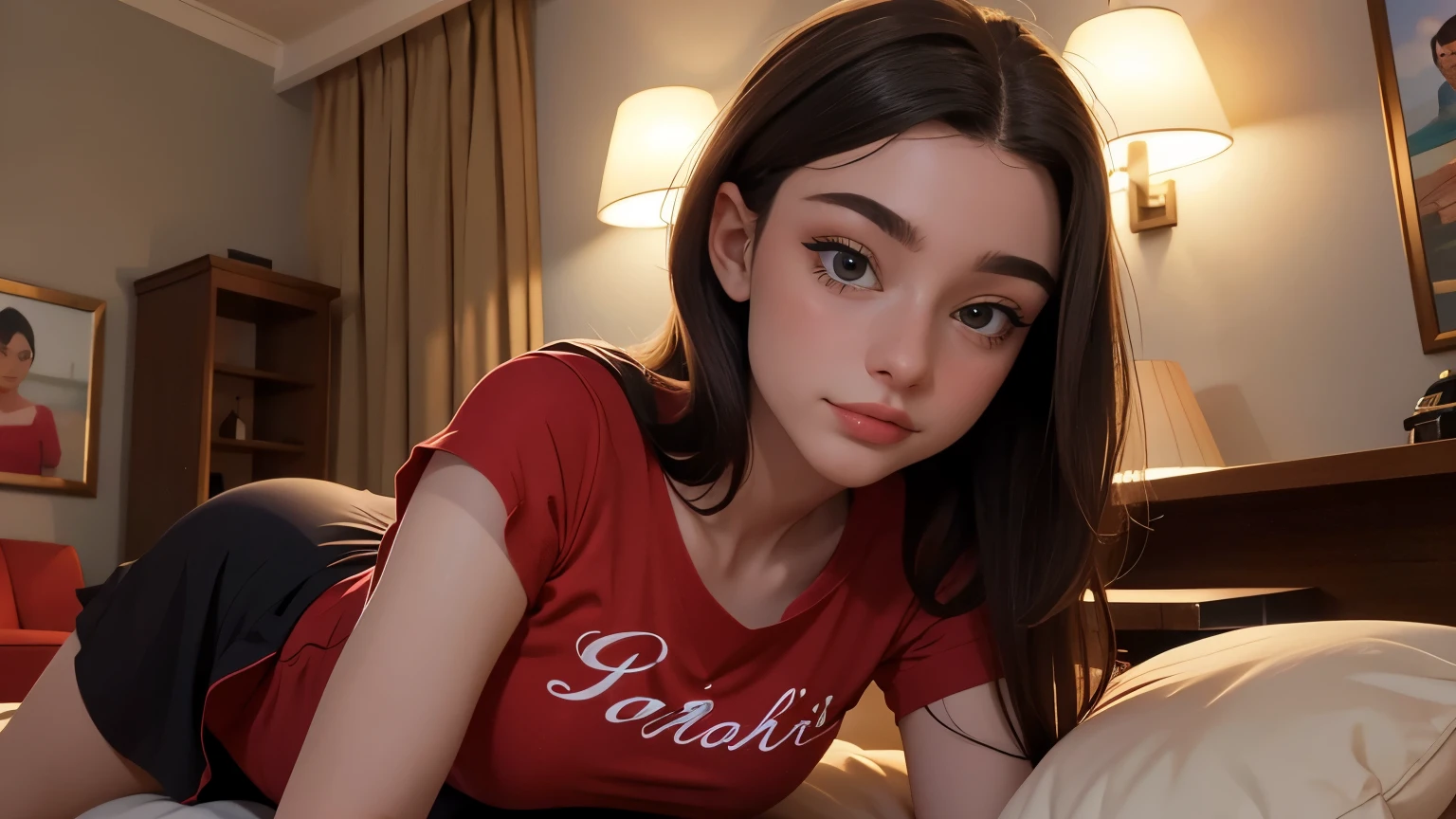Foto hiper-realista de close-up de Dasha Taran usando vestido de camiseta vermelha, sentado na poltrona, lindas pernas, pose sexy, Hotel Lounge, Mulher bonita, magrelo, medium breasts, cabelo curto preto (cabelo bob:1.2), rosto detalhado, sorriso, Facing the camera, photo taken from a distance, idade de 18 anos
