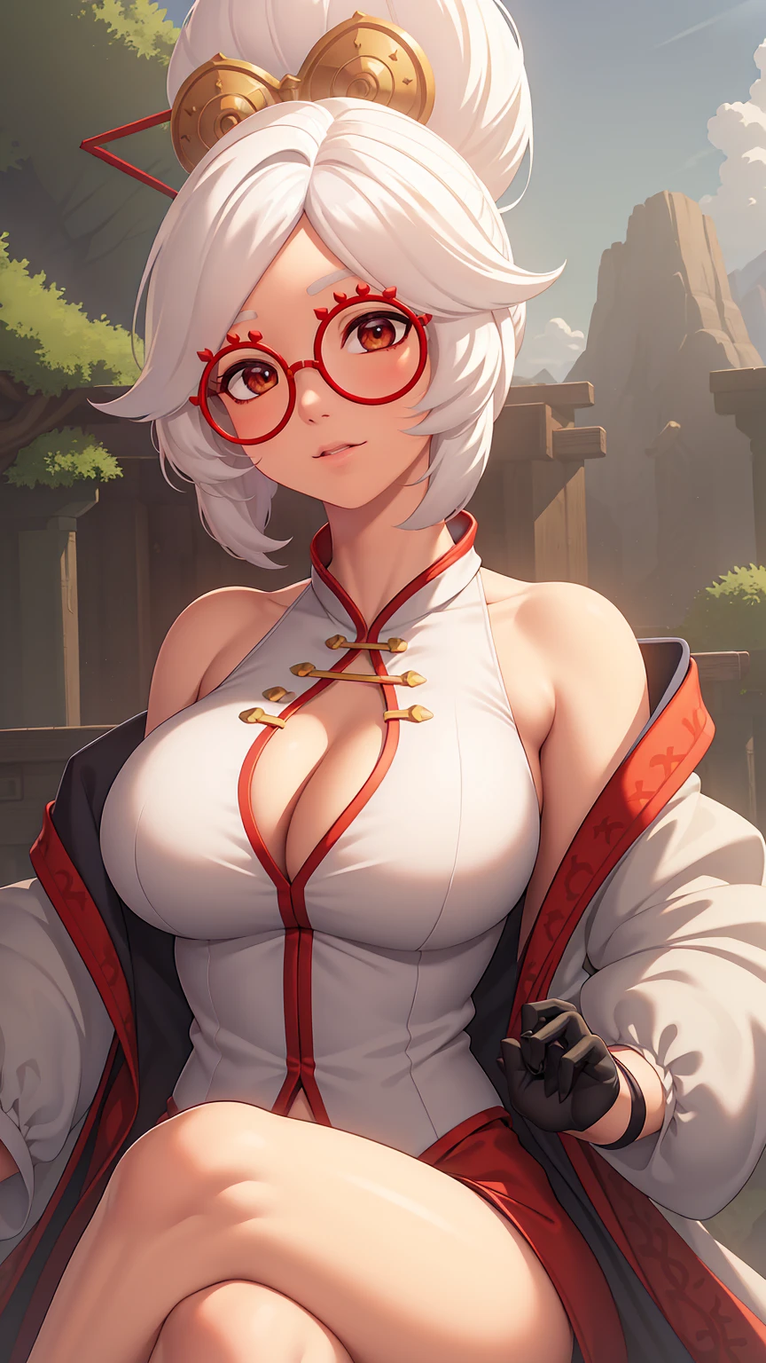 ((extreme detail)),(ultra-detailed), extremely detailed CG unity 8k wallpaper, best quality,  purah_totk, gold hair ornament, hair stick, sleeveless shirt, white jacket, red glasses, looking at viewer, holding, sitting, crossed legs, upper body, sky cloud, tree, mountain, (((sexy cleavage))),