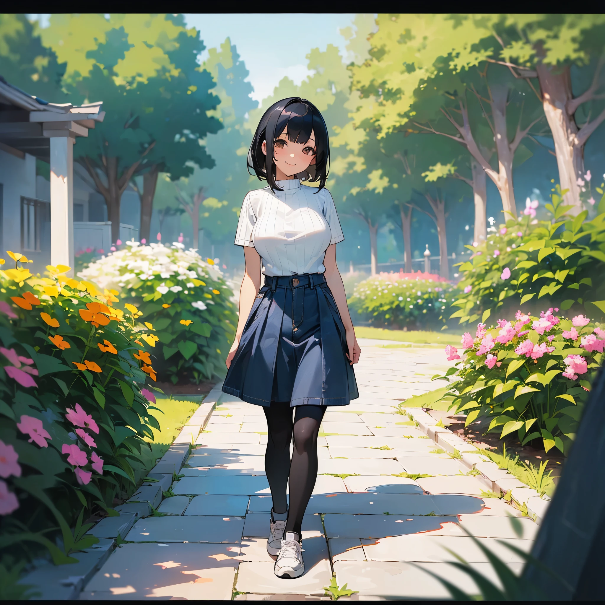 (high quality, High resolution, Very detailed, reality:1.37), Peaceful atmosphere, (Outdoor, garden), Teenage girl standing alone, (my breasts are big.), Beautiful details, Cute Smile, (Black bob hair), Short sleeve ribbed sweater, Denim skirt, Black tights, sneakers.