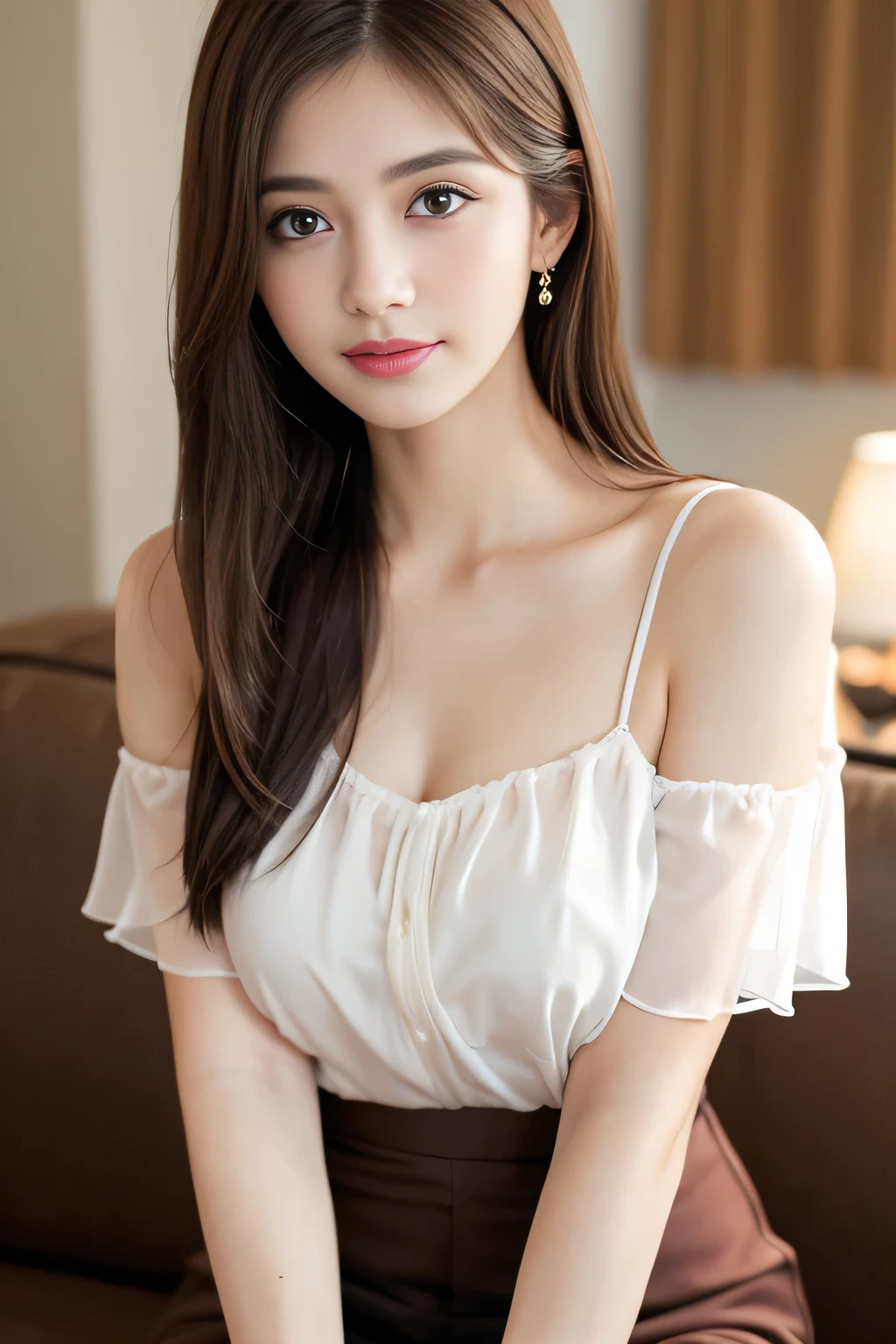 (RAW Photos), (Realistic), (masterpiece), (highest quality), High resolution, 8k, (Intricate details), (Volumetric Light), Portraiture, woman,Age 25, Medium Hair, Straight hair, Medium Chest, Layered Hair, Brown Hair, Very beautiful eyes, Source order, Very thin eyebrows, Very fine skin, Very beautiful mouth, Very nice nose, Cute like an idol, smile, (Thick lips), (Looking at the audience), (Chiffon blouse), Above the knee shot