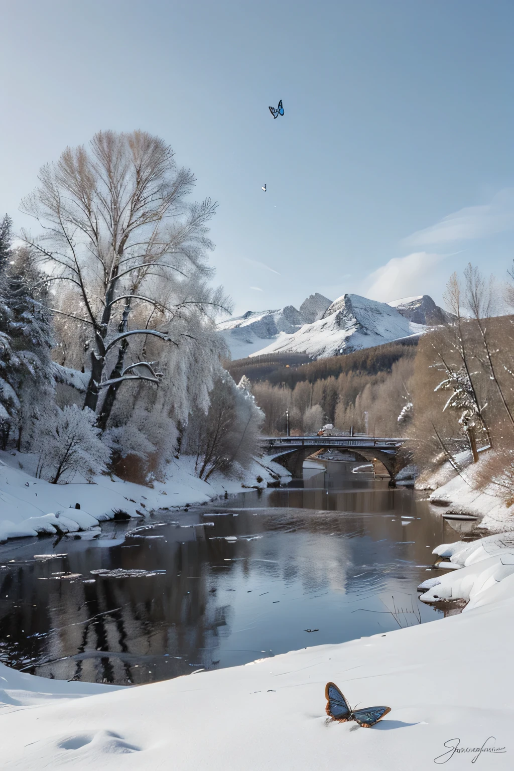 create a painting art of the northern with winter and a blue crystal butterflies in a landscape