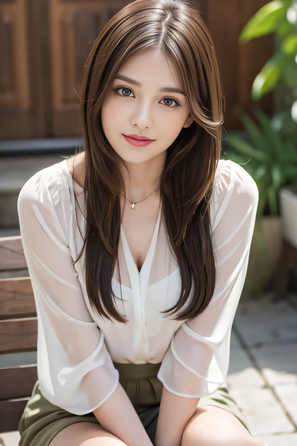 (RAW Photos), (Realistic), (masterpiece), (highest quality), High resolution, 8k, (Intricate details), (Volumetric Light), Portraiture, woman,Age 25, Medium Hair, Straight hair, Medium Chest, Layered Hair, Brown Hair, Very beautiful eyes, Source order, Very thin eyebrows, Very fine skin, Very beautiful mouth, Very nice nose, Cute like an idol, smile, (Thick lips), (Looking at the audience), (Chiffon blouse), Above the knee shot