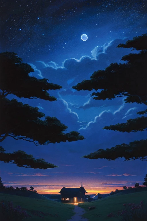 Ghibli anime background, Art landscape painting, Nobody is here, Very dark midnight, Faint moonlight, A beautiful sky with faint clouds, stars and moonlight, On a rolling hill, Calming, Faint and complex colors,