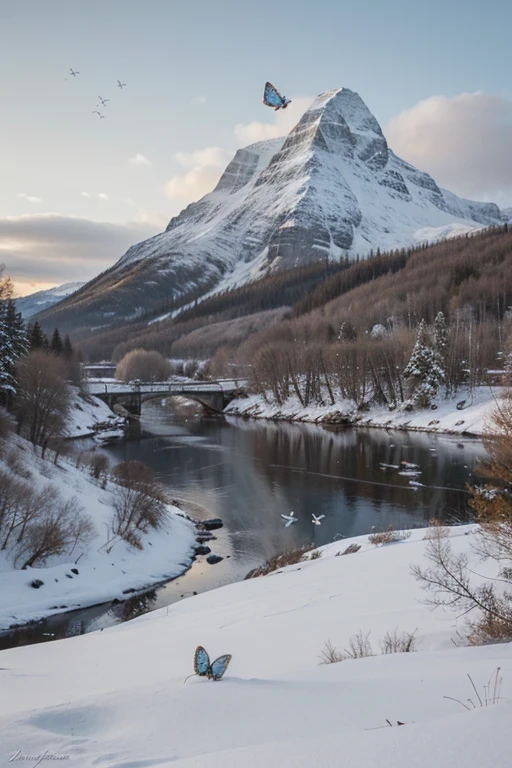 create a painting art of the northern with winter and a blue crystal butterflies in a landscape