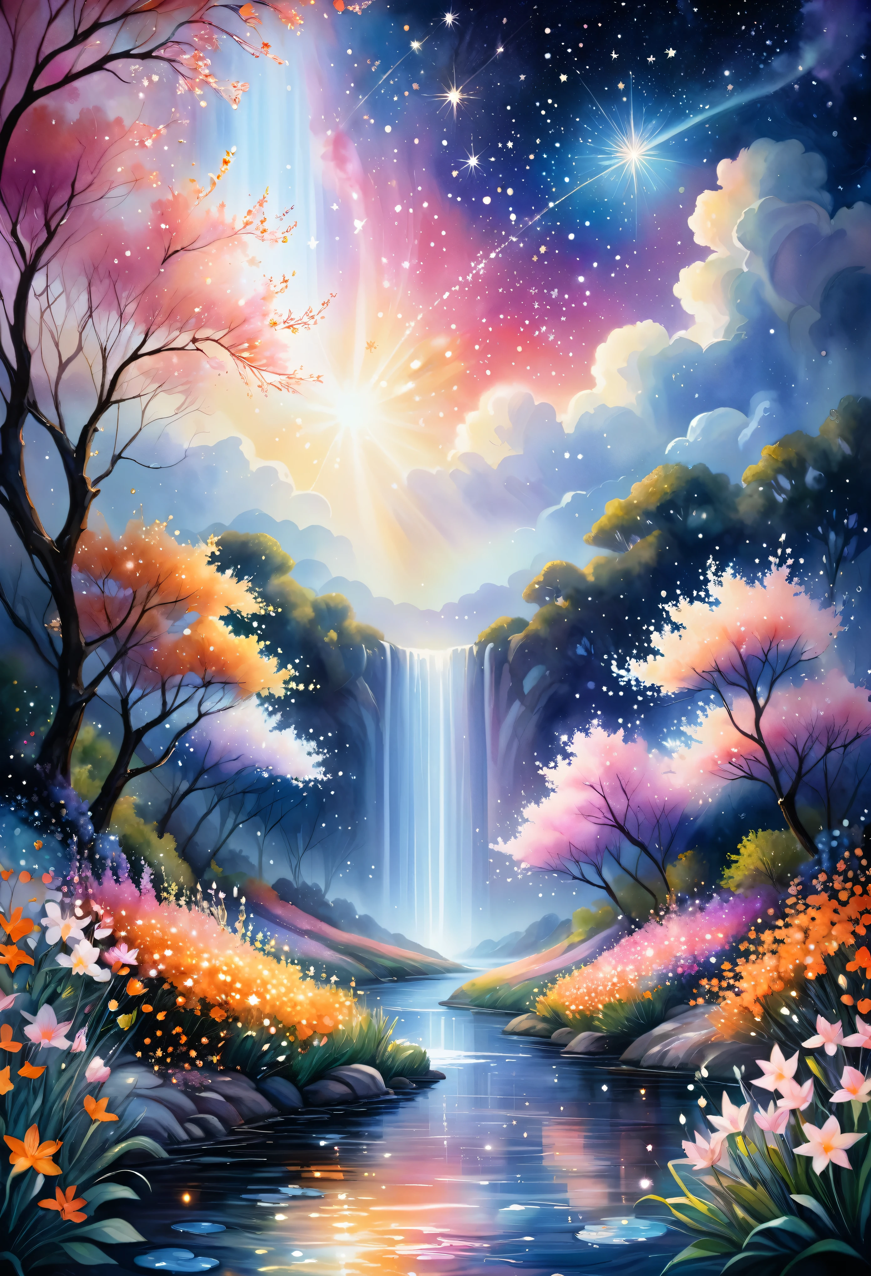 Emerging Artworks, Fusion of watercolor and oil painting, best quality, very good, 16K, Beautiful and dynamic depiction, A blooming garden in outer space, White, Pink, orange, River of Little Stars, River of Little Stars flowing, Mysterious and developing, space fantasy, Curtain of Light, Christian Larsen style