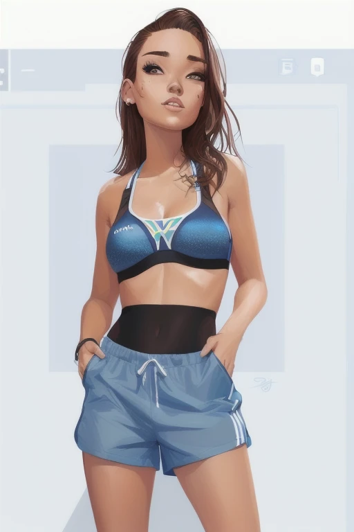 Digital Drawing, Pixar, 4k, a close-up of a woman in a bikini and shorts, sports bra and dark blue shorts, Fit girl, sports bra and shorts, cartoon digital painting, streetwear bra and shorts, sports physique, character digital painting , in digital illustration style, sports bra and shirt, digital painting style, digital character illustration, upper body avatar, highly detailed character design, realistic digital illustration