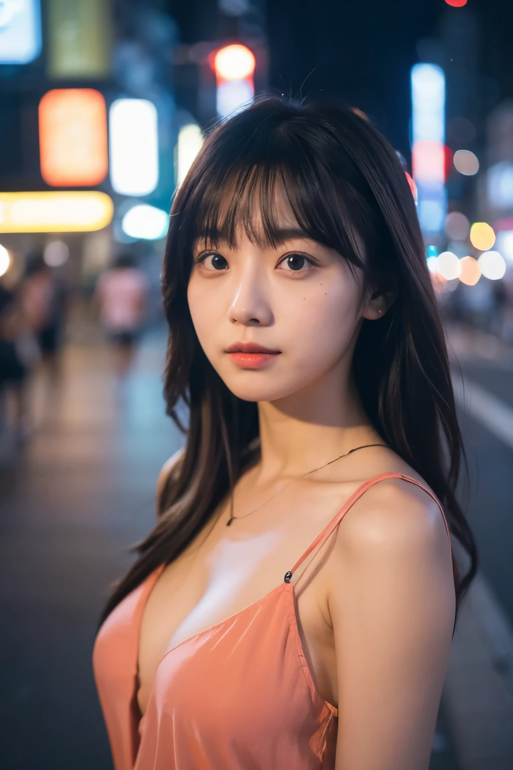 Single girl, summer, city, Osaka street, evening, city lights, upper body, close-up, 8k, RAW photo, highest quality, masterpiece, real, photorealistic,