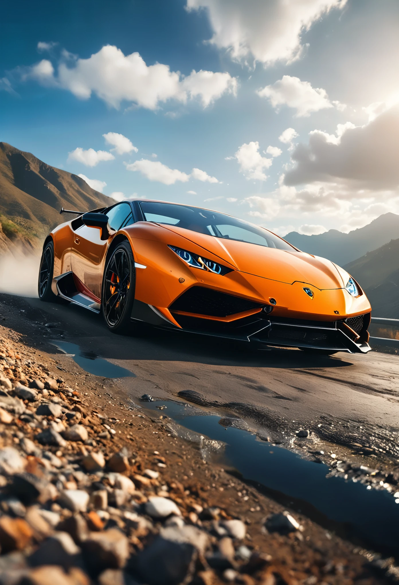 realistic high quality high detail dslr photo of a Lamborghini huracan off road spectacular backdrops, modern, dslr camera cinematic, commercial, 32k uhd, hustlewave, kintsugi, wimmelbilder, majestic, Photorealistic, ports 4K