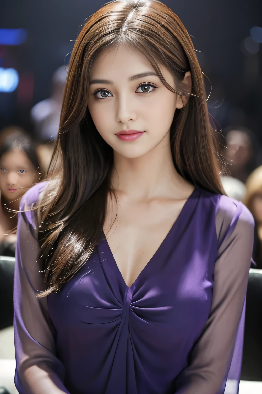 (RAW Photos), (Realistic), (masterpiece), (highest quality), High resolution, 8k, (Intricate details), (Volumetric Light), Portraiture, woman,Age 25, Medium Hair, Straight hair, Medium Chest, Layered Hair, Brown Hair, Very beautiful eyes, Source order, Very thin eyebrows, Very fine skin, Very beautiful mouth, Very nice nose, Cute like an idol, smile, (Thick lips), (Looking at the audience), (Dark purple chiffon blouse), Above the knee shot