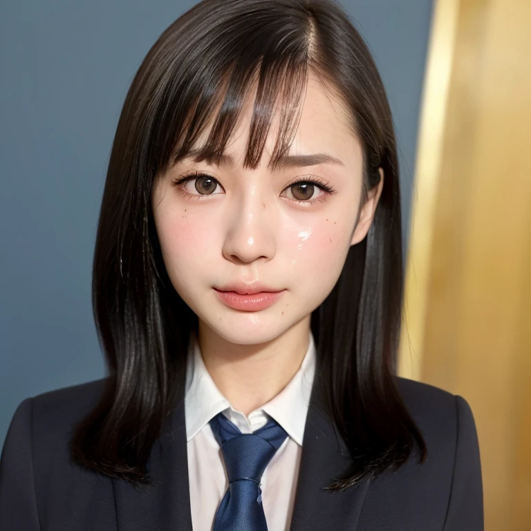 NSFW, (kawaii 24 year-old Japanese girl, Nogizaka idol, Korean idol), (glossy hair, very short hair, bangs:1.3), (beautiful black eyes, rounded face, single eyelid, no makeup:1.4), (embarrassed, noseblush, sex silly, orgasm, empty eyes, half opened mouth:1.6), (cum to face, semen on the face, bukkake:1.6), (wearing suit jacket, collared shirt, necktie:1.3), (extra small breasts:0.9), BREAK, (simple blue background:1.3), (view from forward, bust shot:1.3), BREAK, (masterpiece, best quality, photo realistic, official art:1.4), (UHD, 8K quality wallpaper, high resolution, raw photo, golden ratio:1.3), (shiny skin), professional lighting, physically based rendering, award winning, (highly detailed skin, extremely detailed face and eyes), Carl Zeiss 85 mm F/1.4, depth of field, 1girl, solo,