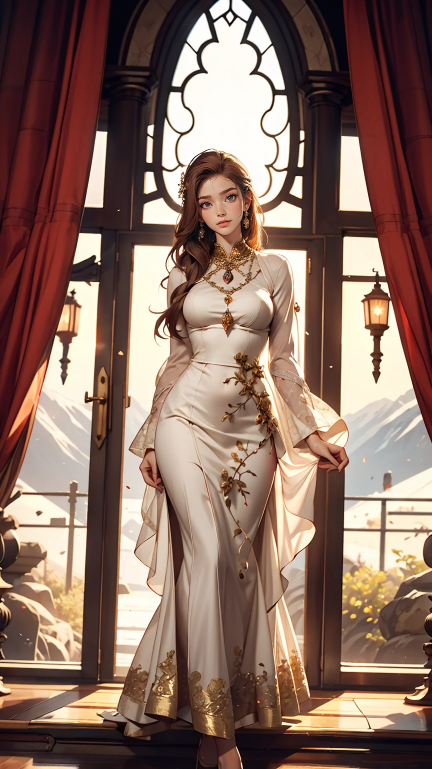The painting style is quiet、The light is yellow. Home々A distant mountain々Surrounded by, The willows in the courtyard are swaying in the wind. Several layers of pale red curtains、It adds a slightly mystical atmosphere to the deep landscape.。, The woman is alone, Her long hair is scattered freely, And then her figure looms, With a faint smile.  