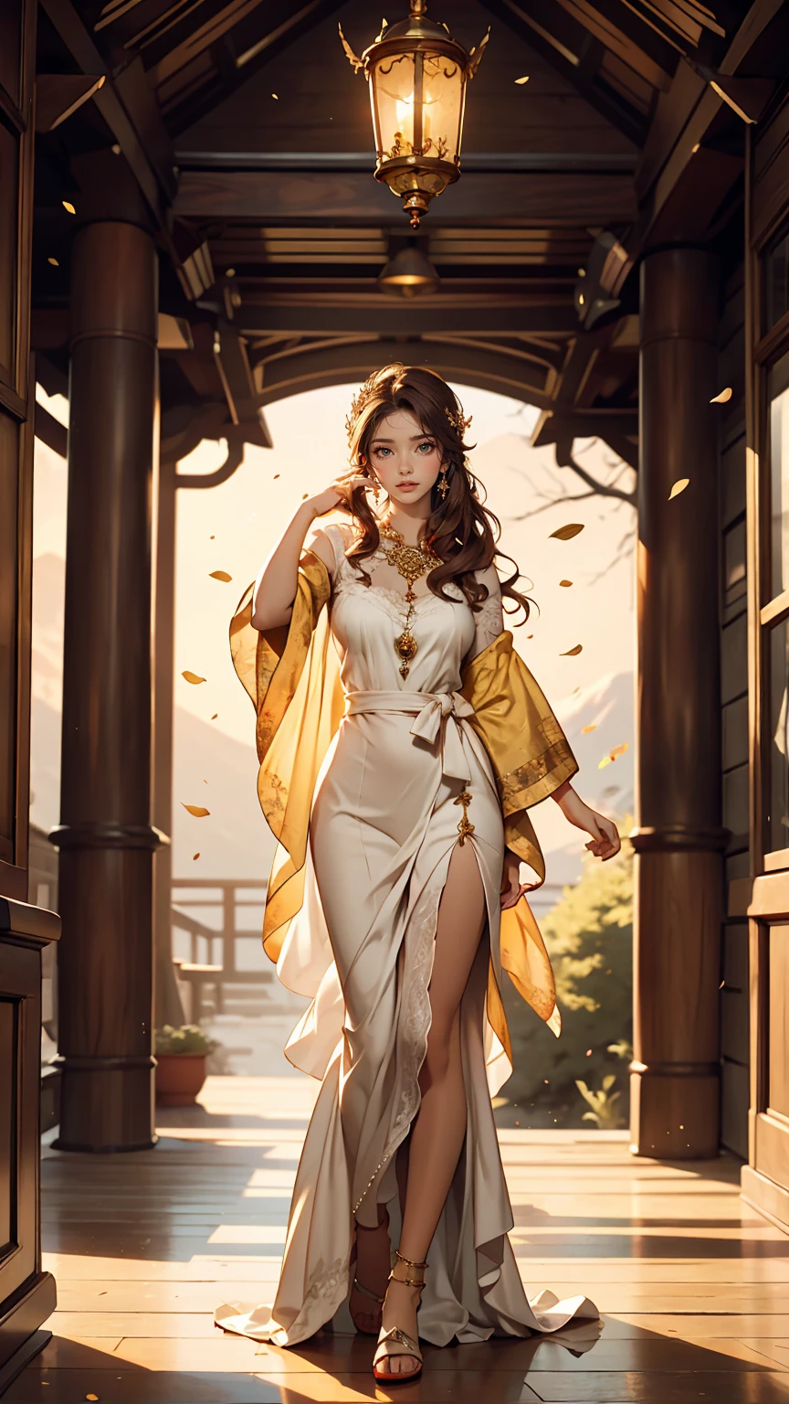 The painting style is quiet、The light is yellow. Home々A distant mountain々Surrounded by, The willows in the courtyard are swaying in the wind. Several layers of pale red curtains、It adds a slightly mystical atmosphere to the deep landscape.。, The woman is alone, Her long hair is scattered freely, And then her figure looms, With a faint smile.