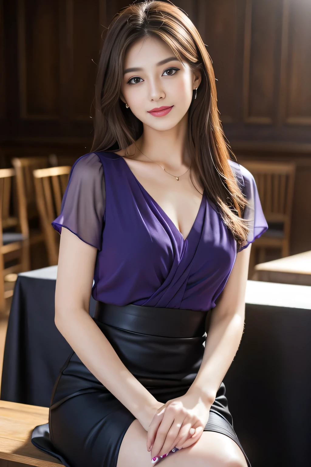 (RAW Photos), (Realistic), (masterpiece), (highest quality), High resolution, 8k, (Intricate details), (Volumetric Light), Portraiture, woman,Age 25, Medium Hair, Straight hair, Medium Chest, Layered Hair, Brown Hair, Very beautiful eyes, Source order, Very thin eyebrows, Very fine skin, Very beautiful mouth, Very nice nose, Cute like an idol, smile, (Thick lips), (Looking at the audience), (Dark purple chiffon blouse), Above the knee shot