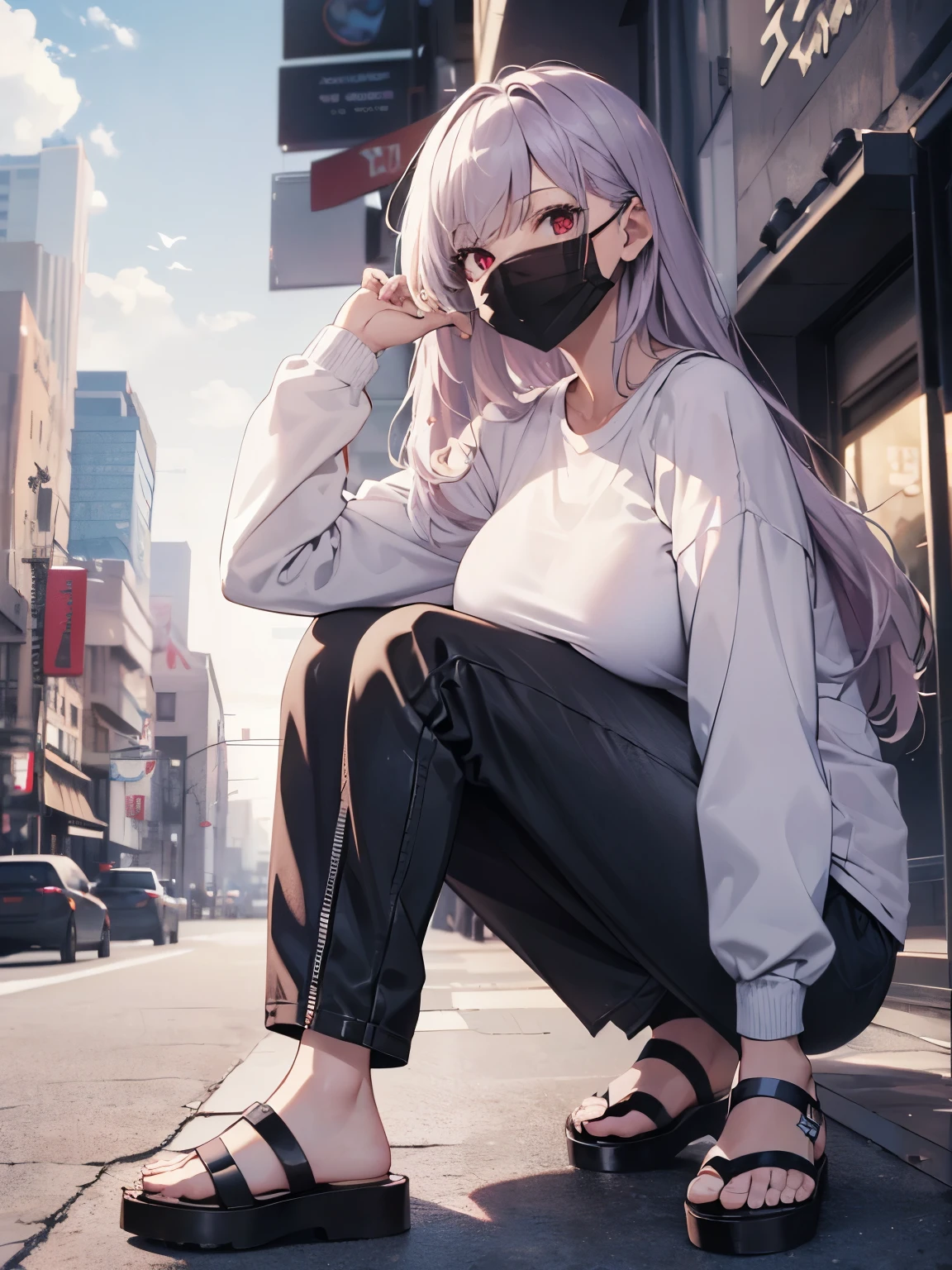 Realistic,highest quality, Very detailed, High-quality CG rendering, The most delicate and beautiful, Floating softly, High resolution, (1 female), (highest quality,4K,8k,masterpiece:1.2), Light purple hair,Long Hair,Red eyes,(Slightly larger breasts:1.5),(white oversized long sleeve t-shirt:1.3),(Black oversized pants:1.3),In the city,old buildings,(Black Mask:1.4),(whole body:1.3),(Sandals:1.2)