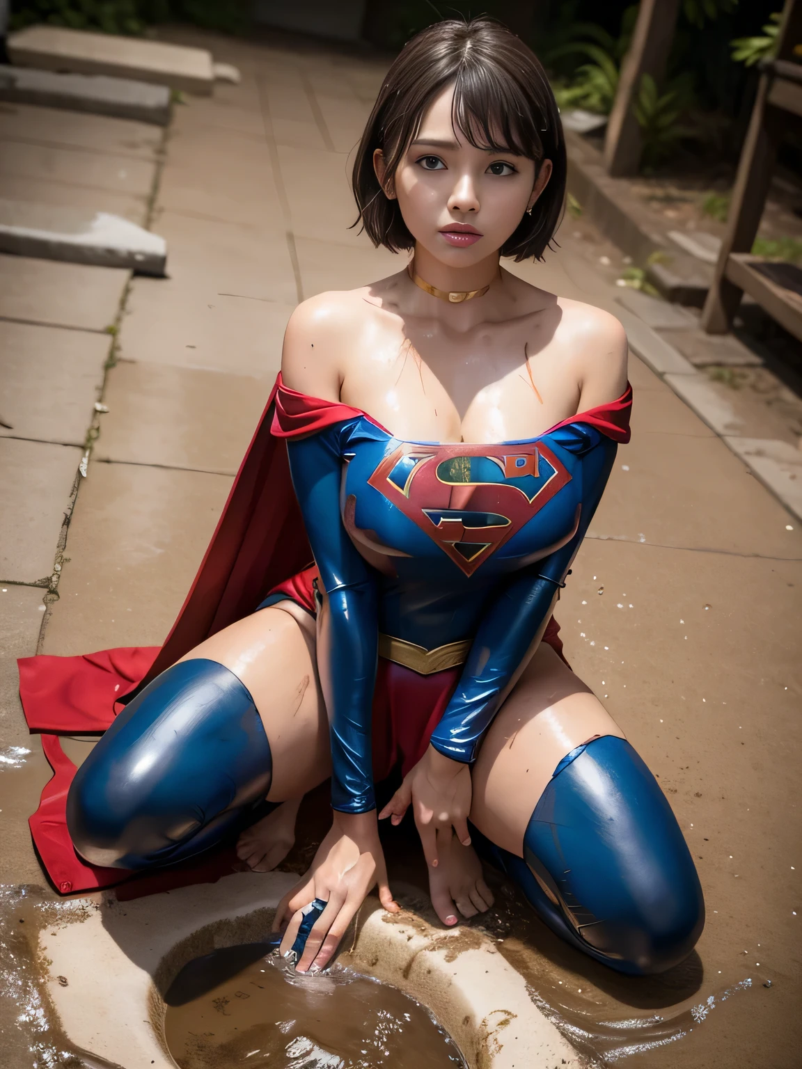 masterpiece、Supergirl Costume、short hair、barefoot、Big and ample breasts、Crisis situation、Complete surrender、Mud stains、sewer、Abused、Kneel、Sweaty、Shiny、looking at the camera、Dripping sewage、choker、Long sleeve、Sexy poses to seduce、Poor environment、Humiliating、Off the shoulder、latex、