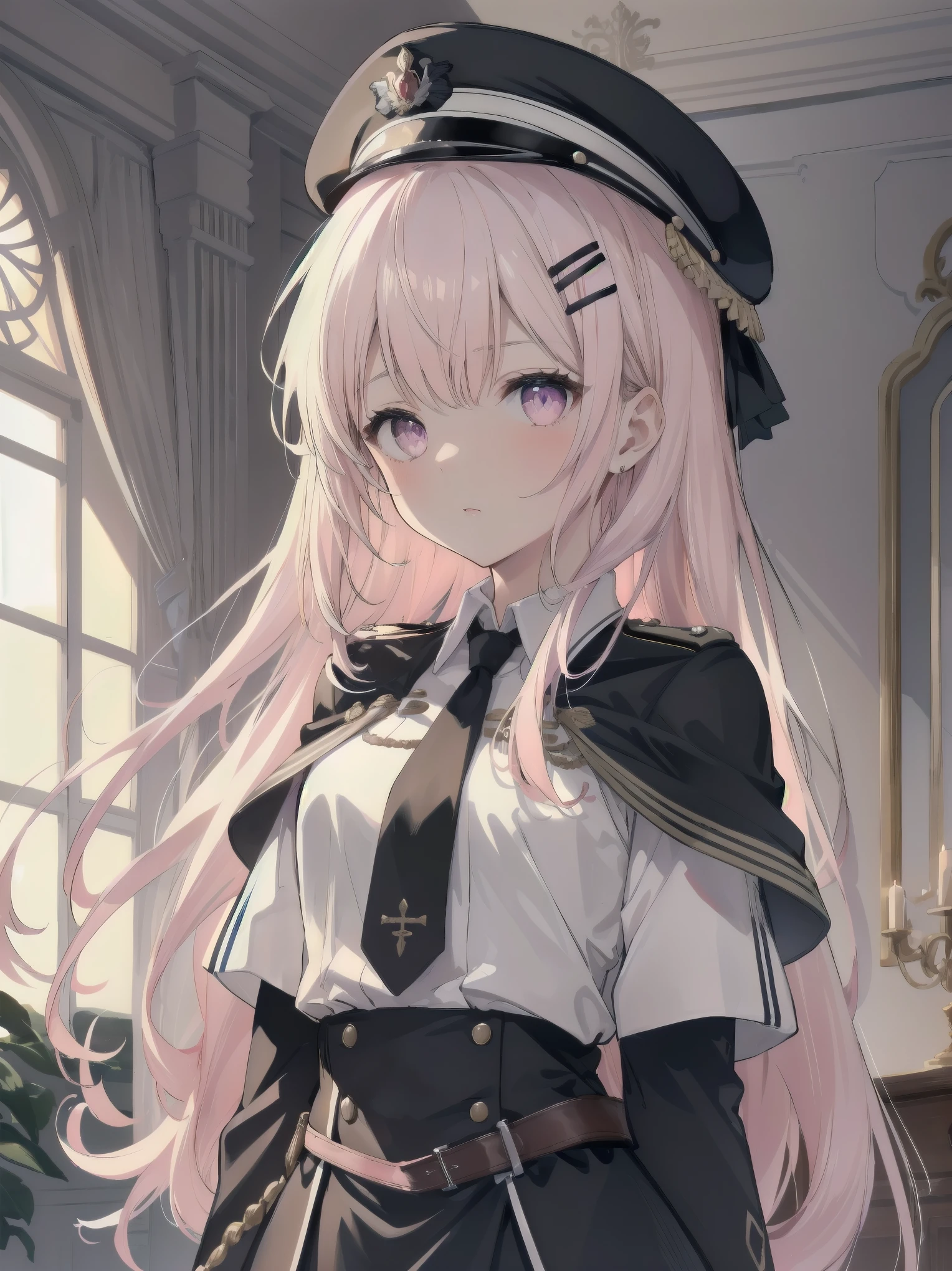 The girl wore a black German military uniform, The girl was draped in a black cloak, surreal, granblue fantasy style, extremely delicate and beautiful, upper body, looking at viewers, focus on eyes, hands behind back, grace, Perfect female body, girlan extremely delicate and beautiful girl, young, Very long hair, sliver hair, big forhead, hair over shoulder, shiny platinum blonde hair, long hair flowing with the wind, detailed face, serious, beatiful detailed eyes, medium chest circumference, white skin, holster, necktie, black capelet, gloves, German military uniform, black gauze skirt, formal, black Clothes, indoors, palace, State banquet, best masterpiece, hyper quality, ultra-detailed,purple eyes,Military uniform,1girl, solo, long hair, pink hair, hairclip, bangs, pink eyes, , pink bow, white shirt, collared shirt, long sleeves, grey skirt