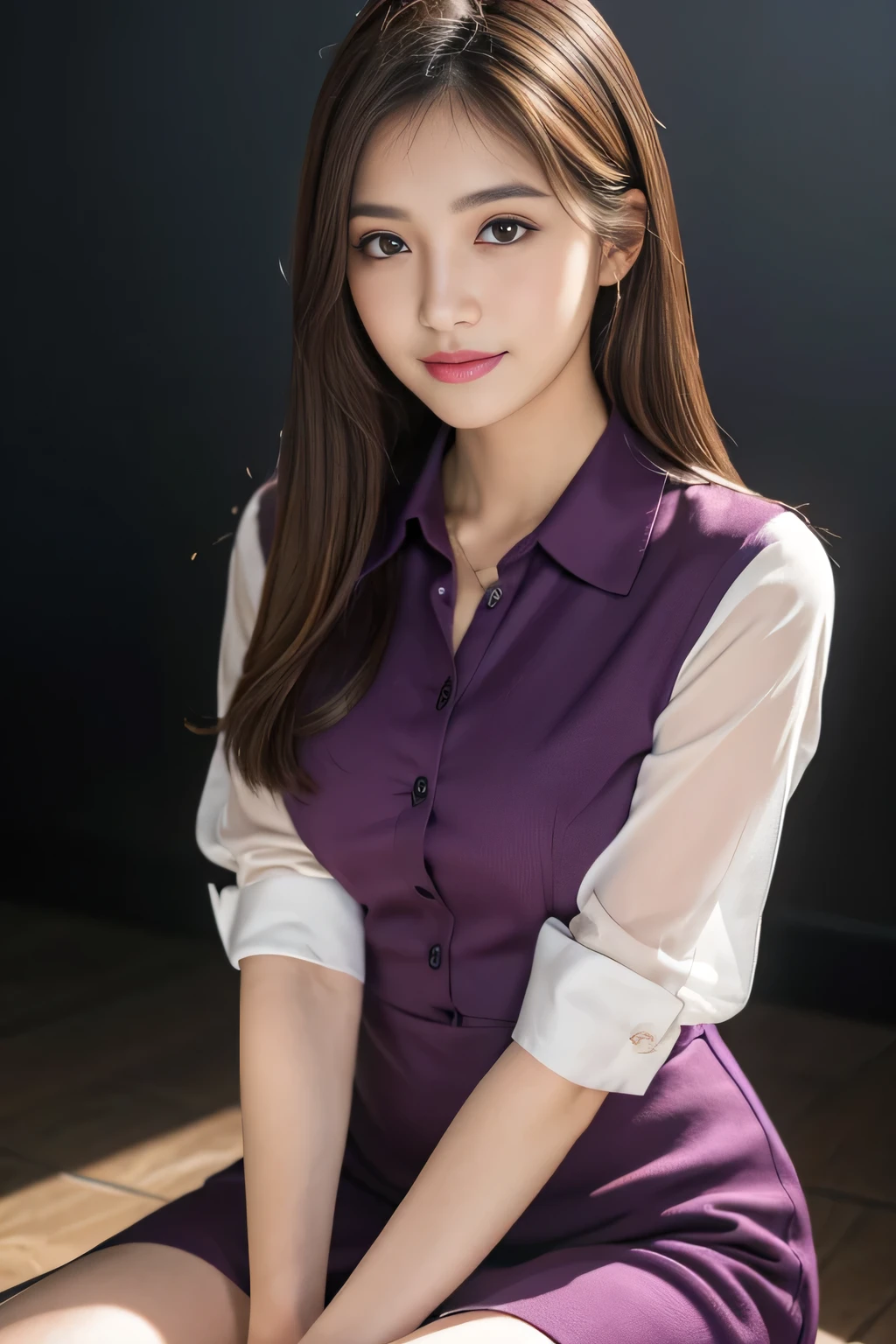 (RAW Photos), (Realistic), (masterpiece), (highest quality), High resolution, 8k, (Intricate details), (Volumetric Light), Portraiture, woman,Age 25, Medium Hair, Straight hair, Medium Chest, Layered Hair, Brown Hair, Very beautiful eyes, Source order, Very thin eyebrows, Very fine skin, Very beautiful mouth, Very nice nose, Cute like an idol, smile, (Thick lips), (Looking at the audience), (See-through dark purple collared dress shirt), Above the knee shot