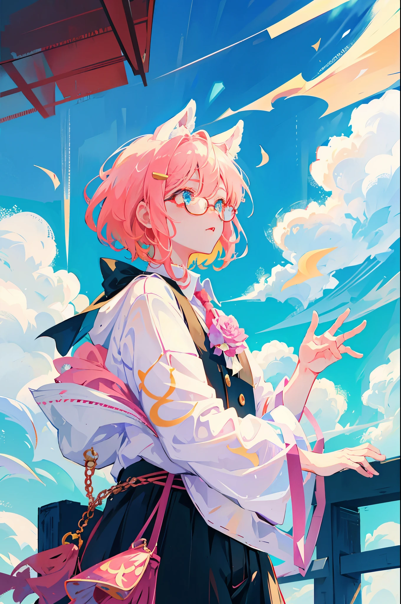 Enchanting Anime Art portrays a chubby yet affectionate boy, basking under the dappled sunlight of a lively urban setting with a sky of soft blue overhead. He has a pale cherubic complexion adorned with freckles, a perfect pout, and anime cute art style that accentuates his symmetrical beauty. He wears delicate glasses tinted red, and adorable clothes accessorized with a collar. His expressive rabbit ears sit atop his head, and he has anime proportions that highlight his round, plump appearance. The boy's eyes sparkle like brilliant jewels, and his lips, perfectly as a rose-tinted blossom