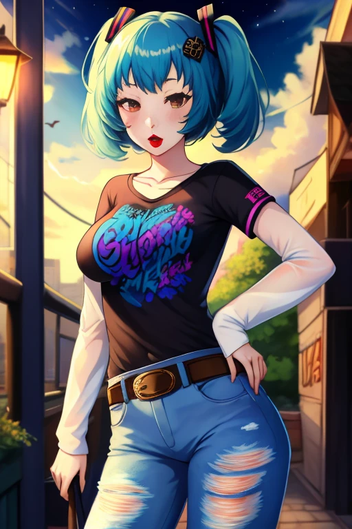 absurdres,masterpiece, best quality, highres, high quality, Hatsume miku,1girl, solo, standing, black t-shirt, white shirt, blue jeans, belt, lipstick, large breasts, layered sleeves