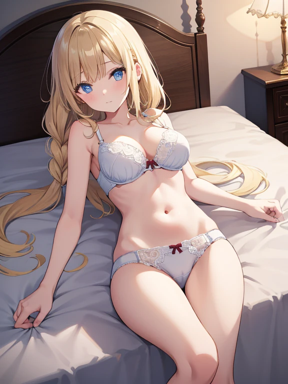 masterpiece, highest quality, Very detailed, 16k, Ultra-high resolution, One , Detailed face, Perfect Fingers, blue eyes, Blonde, Braid, White lace panties, White lace bra, Classical Western-style room, bed, Lying on your back, Stand up straight