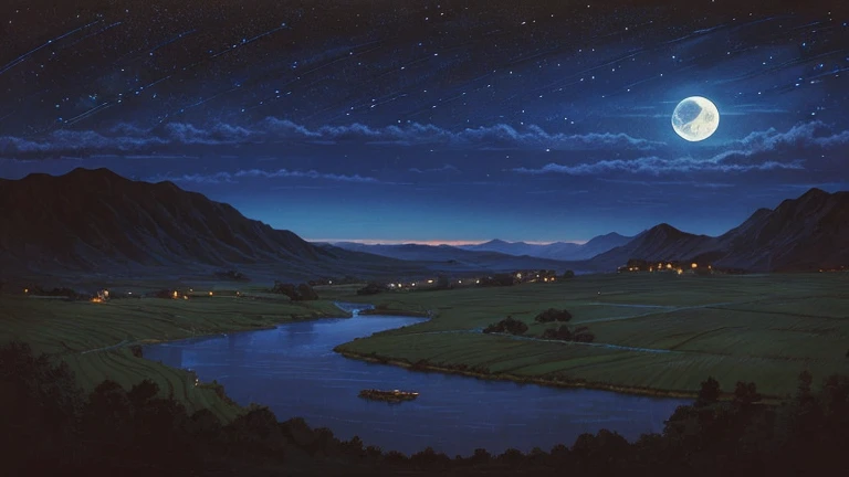 Ghibli anime background,　Art landscape painting,　Nobody is here,　No buildings, Almost black, Very dark midnight,　Faint moonlight,　A beautiful sky with faint clouds, stars and moonlight,　On a rolling hill,　Calming,　　Faint and complex colors,