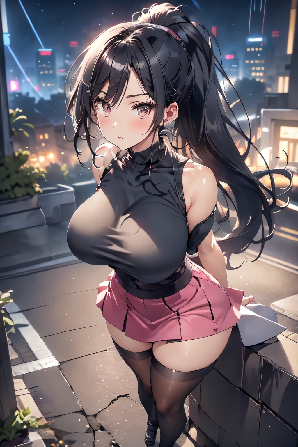 an adult, mature woman, sculpted body, overweight 100 kilos, long black hair tied in a ponytail, big tits, wearing a long neon pink qipao and a leather pleassed skirt that leaves her shoulders showing, full body photo, work of art, best quality, detailed eyes , detailed lips, red lips, silver eyes, on top of a building in a futuristic city, low light pollution, night sky