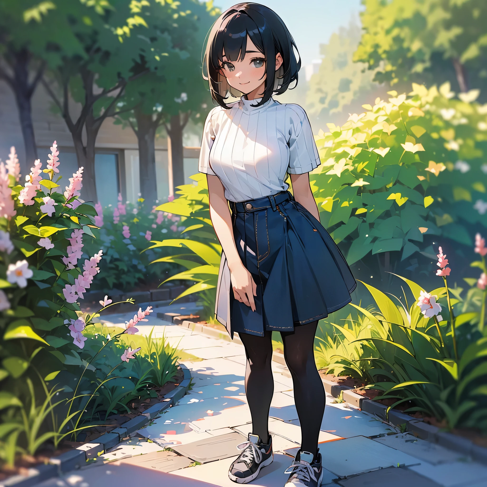 (high quality, High resolution, Very detailed, reality:1.37), Peaceful atmosphere, (Outdoor, garden), age girl standing alone, (my breasts are big.), Beautiful details, Cute Smile, (Black bob hair), Short sleeve ribbed sweater, Denim skirt, Black tights, sneakers.