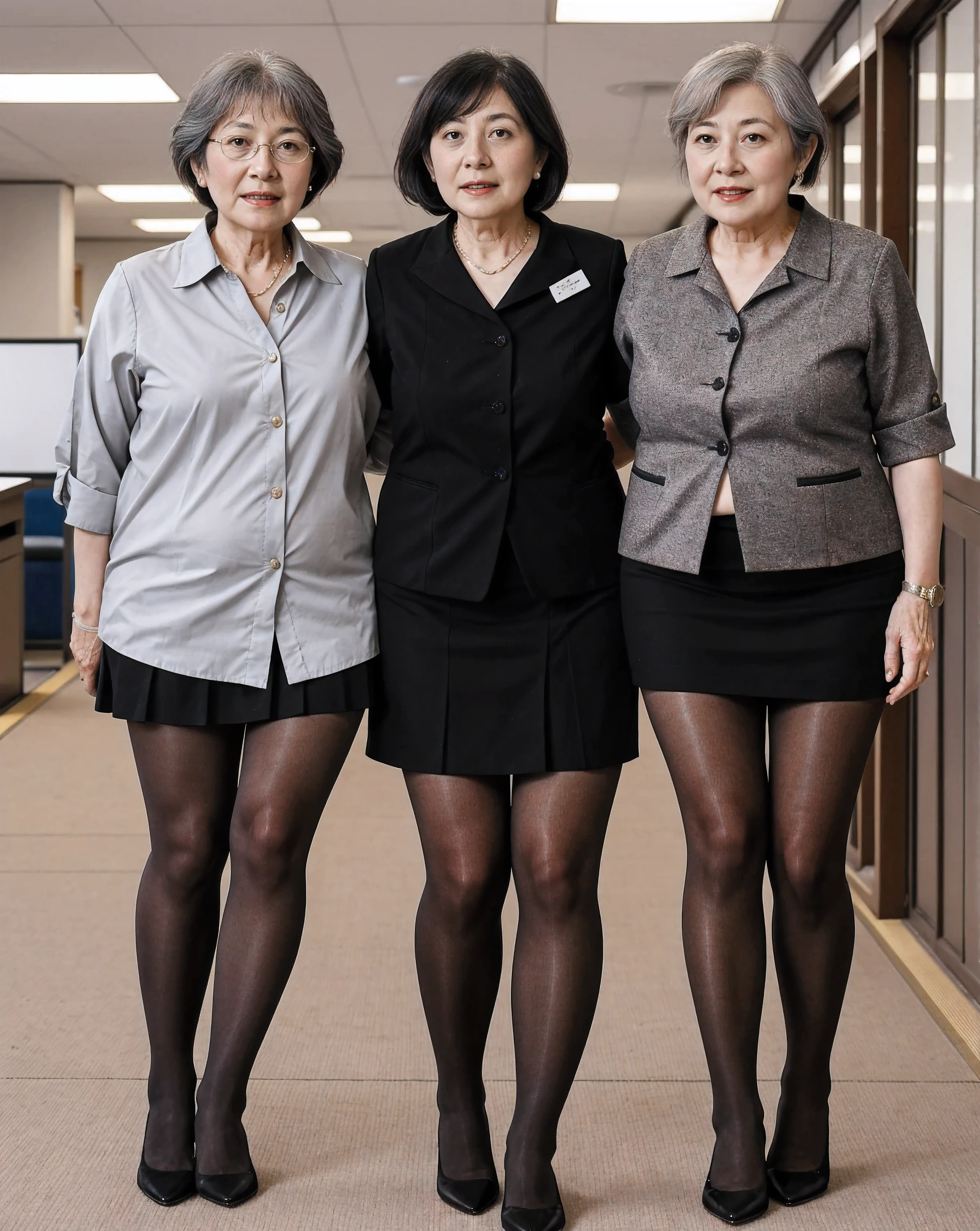 4 Japanese women, Mature, elderly, older, Asian, wearing , nerdy, Stunning proportions, grey sheer tights, best quality, nerdy old black office lady wearing an a white blouse and short black skirt, grandma with fat legs, full body, high heels, legs towering over you, standing