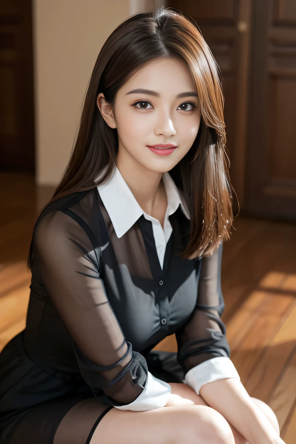 (RAW Photos), (Realistic), (masterpiece), (highest quality), High resolution, 8k, (Intricate details), (Volumetric Light), Portraiture, woman,Age 25, Medium Hair, Straight hair, Medium Chest, Layered Hair, Brown Hair, Very beautiful eyes, Source order, Very thin eyebrows, Very fine skin, Very beautiful mouth, Very nice nose, Cute like an idol, smile, (Thick lips), (Looking at the audience), (See-through black collared dress shirt), Above the knee shot