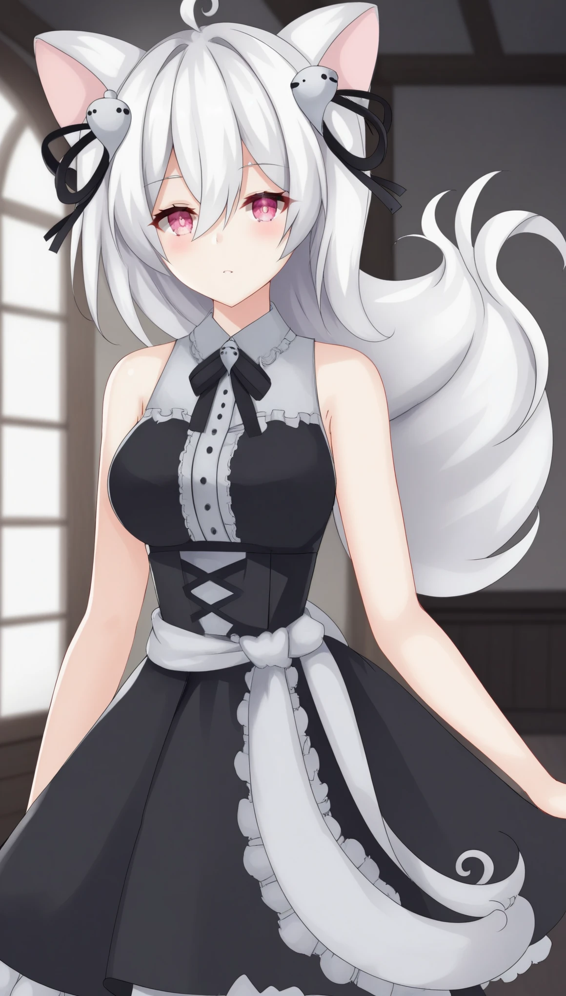 PookyBooVTXL, pink eyes, white hair, long hair, hair between eyes, ahoge, animal ears, (hair ornament:1.2), black dress, bare shoulders, (sleeveless:1.2), skirt, black ribbon, (black ribbon on waist:1.2), solo, standing, looking at viewer, indoors