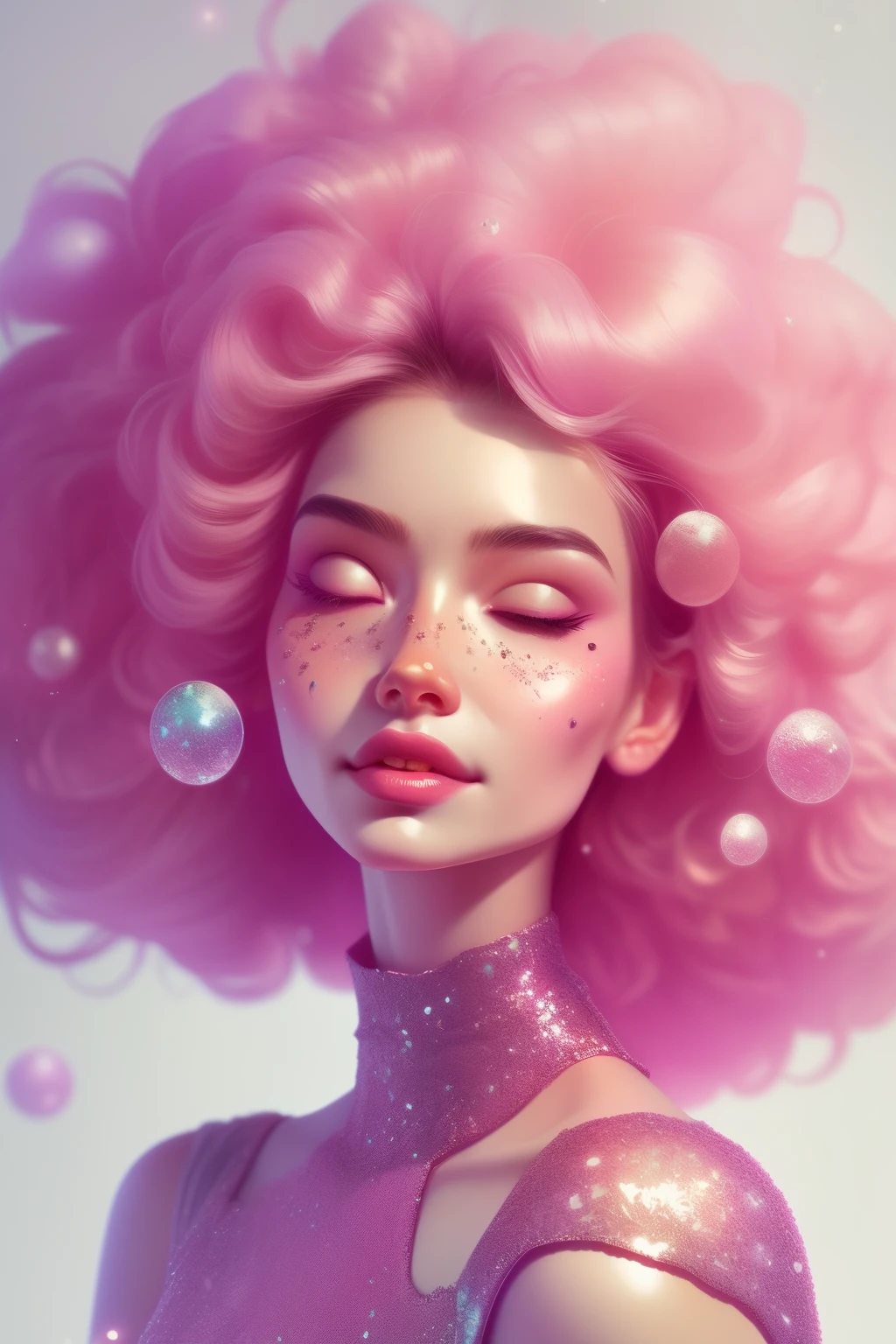 (This is a beautiful fantasy image that feels interesting and emphasizes glitter and iridescence.) Generate a ((blind)) curvy woman with colorful curly hair and milky white eyes. Her face is important and is perfectly formed with puffy lips and perfect features. (Her eyes are critically important and are (blank) and (solid white)). The image exudes ethereal beauty and soft fantasy. Include sweet and detailed birds and soft, luminous flowers. The image's background is decorated in shades of pink, shimmer, glitter, and fantasy details like colored bubbles and cosmos. Utilize dynamic composition to create a compelling and action-packed image. Dramatic lighting and cinematic lighting enhance the woman's beauty and the soft colors in the artwork. Perspective: in front of woman. Include fantasy, cute, colorful, colourful, interesting magic background, ((((blank eyes)))), ((((empty white eyes)))), (shirome eyes:1.3), (smirking), (perfectly rendered solid whiteeyes), ((short neck)), ((birthmark on lip)), ((pretty lips)), beautiful background, complex background, sweet background