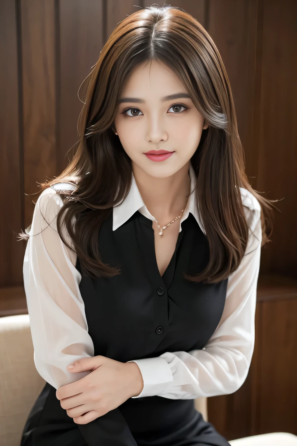 (RAW Photos), (Realistic), (masterpiece), (highest quality), High resolution, 8k, (Intricate details), (Volumetric Light), Portraiture, woman,Age 25, Medium Hair, Straight hair, Medium Chest, Layered Hair, Brown Hair, Very beautiful eyes, Source order, Very thin eyebrows, Very fine skin, Very beautiful mouth, Very nice nose, Cute like an idol, smile, (Thick lips), (Looking at the audience), (See-through black collared dress shirt), Above the knee shot